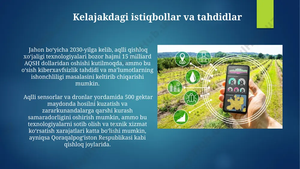 ingdek, zararkunandalarga qarshi kurashni samaradorligini oshirishga yordam beradi. qashqadaryo viloyatida bunday texnologiyalar muvaffaqiyatli qo'llanilmoqda. o'simliklarni himoya qilish tizimlari samarqand viloyatining dehqonchilik hududlarida 30% ga yaqin hosil yo'qotilishiga sabab bo'layotgan kasalliklarni aniqlash va oldini olish uchun sun'iy intellekt asosidagi tahlil tizimlari joriy etilmoqda. ўзбекистондаги пахта плантацияларида 2023 йилда zararkunandalarga qarshi kurashda qo'llaniladigan biopestisidlarning samaradorligi 15% ga oshganini ko'rsatuvchi tadqiqotlar mavjud. genetika va biotexnologiya yutuqlari genetika sohasidagi yutuqlar natijasida oʻzbekistonning andijon viloyatida paxta hosildorligini 25% ga oshirishga erishildi, bu esa crispr-cas9 texnologiyasidan foydalanish bilan bogʻliq. biotexnologiya yordamida yaratilgan yangi navli bugʻdoy turi qozogʻistonning shimoliy hududlarida 15% ga koʻproq hosil berdi, bu esa sovuqqa chidamlilik genlarini qoʻshish orqali amalga oshirildi. tuproq unumdorligini oshirish texnologiyalari samarqand viloyatida o'tkazilgan sinovlarda, yangi tuproq unumdorligini oshirish texnologiyalari 15% gacha hosildorlikni oshirdi va suv sarfini 20% ga kamaytirdi. navoiy viloyatidagi 1000 gektar maydonda qo'llanilgan zamonaviy tuproqni qayta tiklash texnologiyalari tuproq unumdorligini 3 yil ichida 2 baravar oshirishga yordam …