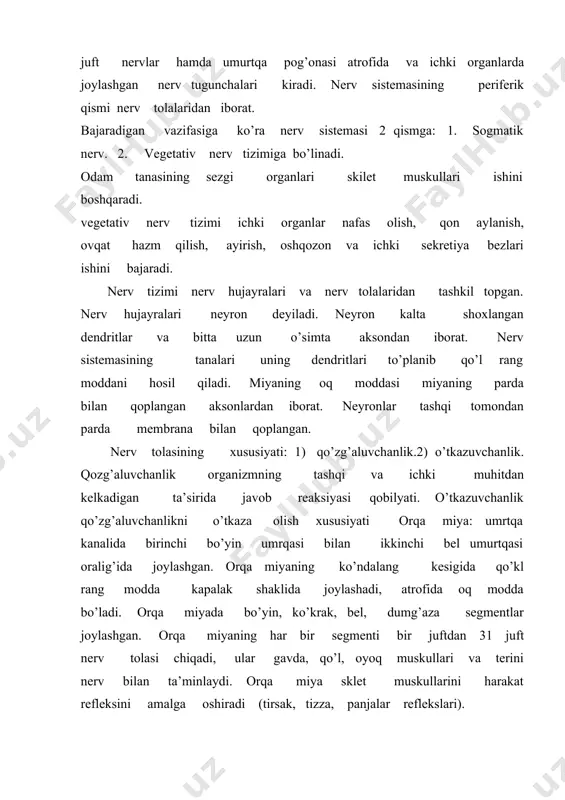-odam hayoti davomida hosil bo’lib ular tarbiya, bilim olish, hunar o’rganish va boshqa hayotiy tajribalar asosida yuzaga keladi. shartli reflekslar so’nishi mumkin. emish- ovqat yeyish bilan almashishi mumkin. refleks bosib o’tgan yo’l reflektor yoyi deyiladi: retseptor- nerv uchi markazda intilovchi nerv markazlari (orqa yoki bosh miyalar) markazdan qochuvchi nerv. oliy nerv faoliyati haqida tushuncha. bosh miya yarim sharlari va ularning po’tlog’i markaziy nerv sistemasining yuqori qismi bo’lib hisoblanadi. odamning hulqi idroki, fikirlashi ongi va barcha ruhiy xususiyatlari oliy nerv faoliyati bo’lib u bosh miya yarim sharlari va ular po’stlog’ida joylashgan nerv markazlarining normal funksiyasiga bog’liq. odamning oliy nerv faoliyati murakkab refleks orqali namoyon bo’ladi. bu reflekslar odamni tashqi muhit bilan bog’lanishini, uning har xil sharoitga moslashuvini taminlaydi. birinchi va ikkinchi signallar sistemasi. odam birinchi va ikkinchi signallar sistemasi hayvonlarda faqat birinchi signal sistemasi bo’ladi. odanmning oliy nerv faoliyati o’ziga xos anglash, abstrak fikirlash, so’zlash qobiliyatiga ega. odam oliy nerv faoliyatining …