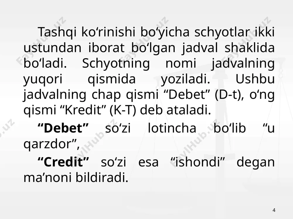 n hisobot davri oxiriga qoldiqqa ega bo‘lmaydigan daromadlar va xarajatlarning vaqtinchalik schyotlaridir. 11 12 debet 9200 kredit aktivlarning chiqib ketishidan xarajatlar aktivlarning chiqib ketishidan daromadlar debet 9900 kredit xarajatlarning yakuniy moliyaviy natijaga hisobdan chiqarilishi yoki xarajatlarni hisobga oluvchi tranzit schyotlarning yopilishi daromadlarning yakuniy moliyaviy natijaga hisobdan chiqarilishi yoki daromadlarni hisobga oluvchi tranzit schyotlarning yopilishi 13 har bir xo‘jalik operatsiyasi mablag‘ning tuzilishida yoki manbaning tuzilishida yoki bir vaqtda ham mablag‘da ham manbada bir xil summaga o‘zgarishga olib keladi. bunday o‘zgarishlarni qayd qilish uchun buxgalteriya hisobida ikkiyoqlama yozuv usuli qo‘llaniladi. ikkiyoqlama yozuv shunday yozuvki, uning natijasida har bir xo‘jalik operatsiyasining summasi schyotlarda ikki marotaba: bir schyot debetida va ayni vaqtda o‘zaro bog‘liq bo‘lgan boshqa schyotning kreditida qayd qilinadi. chunki xo‘jalik operatsiyalari yuzaga keltiradigan o‘zgarishlar ikkiyoqlama xususiyatga ega va hisobning ikki alohida schyotiga ta’sir etadi. 1494 yilda italiyalik matematik luka pacholi ikki yoqlama yozuv usulini asoslab bergan. uning «schyotlar va yozuvlar to‘g‘risidagi traktatida» …
