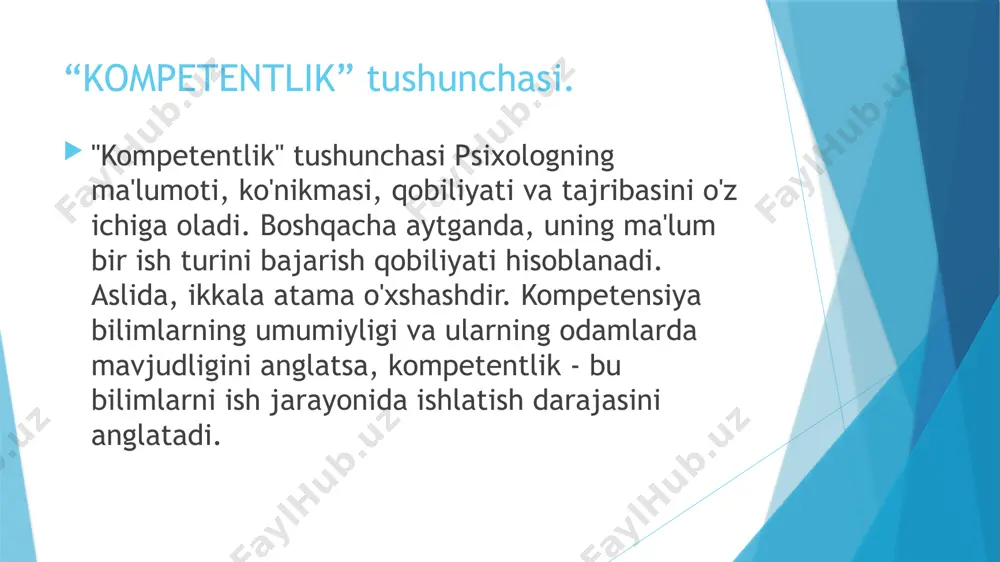 qiqotlarni, uslubiy adabiyotlarni o‘rganishga yo‘naltiradi, psixologik muammolarni hal qilishning turli xil yondashuvlarini aniqlashga yordam beradi 9 xulosa. •bugun tarbiyachining psixologik kompetensiyalarini doimiy oshirib borishi, bu eng avvalo bola shaxsini hayotga tayyorlash, unda hayotiy muhim masalalarni hal qilish uchun zarur bo‘lgan, ahloqiy me’yor va qadriyatlarni o‘zlashtirish, boshqa insonlar bilan muloqot qilish, “men” obrazini qurish bilan bog‘liq bo‘lgan faoliyat usullarini shakllantirishda asosiy omildir. maktabgacha ta’lim tizimini isloh qilishning zamonaviy sharoitida tarbiyachining maqomi tubdan o‘zgarib bormoqda, uning ta’lim funksiyalari, shunga muvofiq, uning kasbiy va psixologik kompetensiyasiga, uning kasbiy mahorat darajasi talablari o‘zgaradi. bugungi kunda maktabgacha yoshdagi bolani tarbiyalash va rivojlantirishning zamonaviy tizimida o‘zining shaxsiy salohiyatini safarbar qilish qobiliyatlarini rivojlantirishga qodir bo‘lgan ijodkor, mahoratli tarbiyachi talab etiladi. e’tiboringiz uchun rahmat image1.jpg image2.jpg image3.jpg image4.jpg /docprops/thumbnail.jpeg