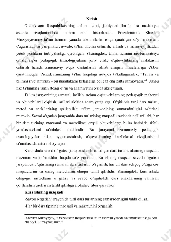 h jarayonining samarali tashkil etilishi, o'qitishning metodik usullari, dars turlari va pedagogik yondashuvlar orqali amalga oshiriladi. ushbu jarayonning asosiy turlarini o'rganish o'qituvchilarga ta'limning samaradorligini oshirishda muhim ahamiyatga ega bo'ladi. savod o'rgatish jarayonining birinchi bosqichi boshlang'ich o'qish va yozish ko'nikmalarini shakllantirishdan iboratdir. bu jarayonda o'quvchilarga harflarni tanish, ularni yozish va o'qish kabi asosiy bilimlar o'rgatiladi. boshlang'ich savod o'rgatish nafaqat yozish va o'qishni o'rgatish, balki o'quvchilarda mantiqiy fikrlashni rivojlantirishga ham qaratilgan bo'ladi. o'qituvchi o'quvchilarga turli xil harflarni, tovushlarni, ularning o'zaro bog'lanishini o'rgatish orqali o'qish va yozishning asosiy ko'nikmalarini shakllantiradi. bu jarayonning samarali amalga oshirilishi uchun o'qituvchi didaktik materiallardan (rasmlar, kartalar, videolar) foydalanadi va har bir darsda o'quvchilarning ehtiyojlariga mos yondashuvni qo'llaydi. savod o'rgatishda boshlang'ich bosqichdagi darslar ko'pincha o'qish va yozishning asosiy qoidalari bilan boshlanadi. ular o'qishning aksentual va intonatsion jihatlarini rivojlantiradi, yozishni esa qalam uslubida yaxshilaydi[footnoteref:2] [2: qosimov, m. "boshlang'ich ta'limda savod o'rgatish metodikasi", t. 2020] savod o'rgatish jarayonining ikkinchi turi – …