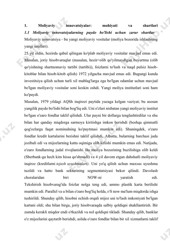 obni ochish orqali mijoz uni to'lash imkoniyati bo'lgan kartani oldi; shu bilan birga, joriy hisobvaraqda salbiy qoldiqni shakllantirish. bir zumda kerakli miqdor endi o'tkazildi va nol qoldiqni tikladi. shunday qilib, banklar o'z mijozlarini qaytarib berishdi, aslida o'zaro fondlar bilan bir xil xizmatlarni taklif qilishdi. oxir-oqibat, segmentatsiya 1986 yilda yana joriy etildi [8]. moliya tizimidagi ushbu inqilobiy o'zgarishlarni va iste'molchilar uchun mavjud bo'lgan yangi moliyaviy mahsulotlarning tarqalishini nima tushuntiradi? iqtisodiyotning boshqa tarmoqlarida bo'lgani kabi, moliya sanoatining asosiy maqsadi ham o'z mahsulotlarini sotish orqali foyda olishdir. agar, masalan, sovun ishlab chiqaruvchi kompaniya bozorda kir yuvish vositasiga ehtiyoj sezsa; keyin u ushbu mahsulotni ushbu ehtiyojni qondirish uchun ishlab chiqadi. shuningdek, moliya institutlari o'z maqsadlari uchun ham, mijozlari uchun ham yangi mahsulotlarni ishlab chiqmoqdalar. iqtisodiyotning ushbu sohasidagi innovatsiyalar asosan boshqa sohalardagi kabi omillar tufayli yuzaga keladi. ammo biz yangi moliyaviy vositalarning paydo bo'lishining yana bir muhim sababini unutmasligimiz kerak: iqtisodiyotning boshqa sohalaridagi firmalar duch …