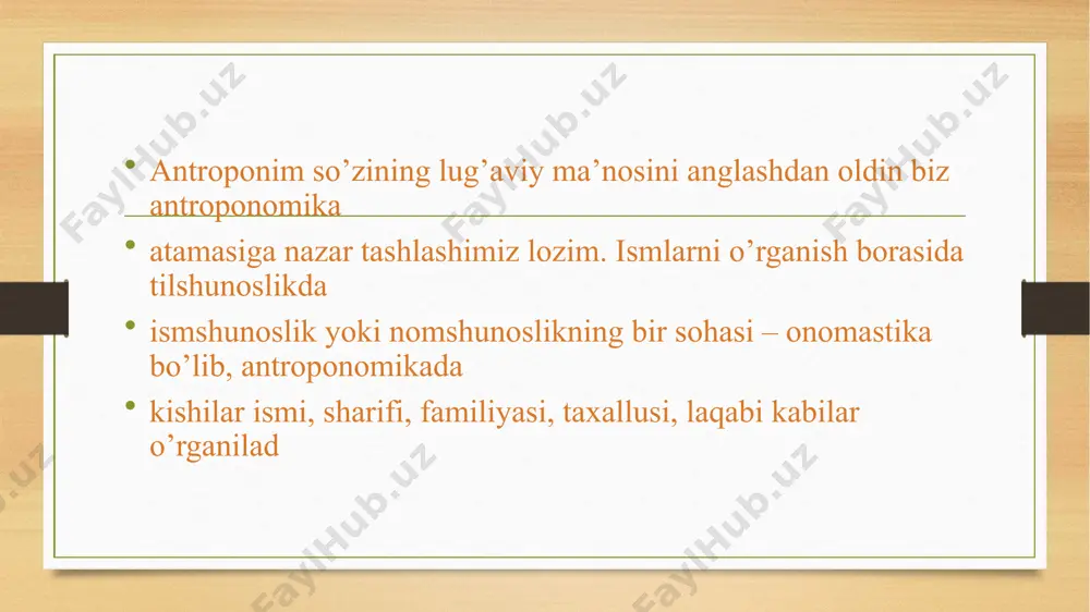 b o’ylashgan ism tanlashda rasm- rusum hisoblanmish o‟tmishdagi ajdodlar, ota-bobolarga ism sifatida xizmat qilgan atoqli otlarga murojaat qilish, chaqaloqqa nomni o‟sha otlar orasidan saylashga intilish dunyoning turli qit‟alarida yashovchi xalqlarning keng amal qiluvchi odatidir. bunga esa afrika qit‟asida yashovchi bir qator xalqlar ham o‟rta osiyo xalqlari ham amal qiladilar. tabarruk ismlar qatoriga islom dini bilan bog‟liq qator nomlar kiradi. bularning asosiy qismi arabcha nomlardir: muhammad, ibrohim, ismoil, muhammadkarim, fotima e’tiboringiz uchun rahmat! image1.png image2.png image7.png image8.png image9.png image10.png image11.png image12.png image3.png image4.png /docprops/thumbnail.jpeg