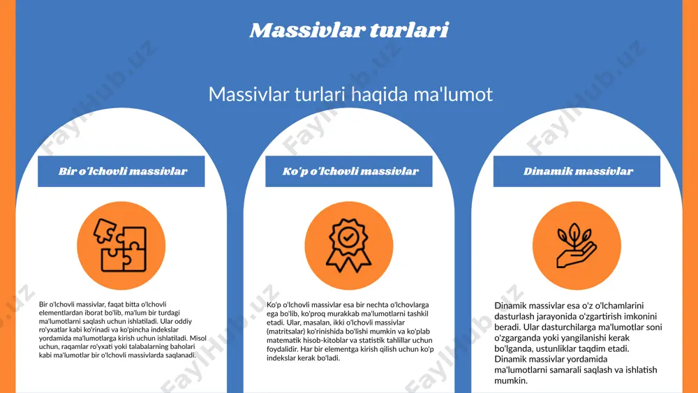 umkin: ```python numbers = [1, 2, 3, 4, 5] ``` bu kodda 'numbers' nomli massiv tuzilgan bo'lib, unda 1 dan 5 gacha bo'lgan sonlar saqlanadi. massivdan foydalanish orqali biz raqamlarni tezda olishimiz va ularni qayta ishlashimiz mumkin. kelajakdagi innovatsion yondashuvlar massivlar dasturlashda ko'plab imkoniyatlar yaratadi. masalan, sun'iy intellekt va ma'lumotlar tahliliga oid dasturlarda massivlardan samarali foydalanish kutilmoqda. bu, o'z navbatida, dasturlashning yangi usullarini rivojlantirishga yordam beradi. photo by altumcode on unsplash massivlar haqida xulosa massivlar (array) - bu bir xil turdagi ma'lumotlarni saqlash uchun mo'ljallangan ma'lumotlar tuzilmasidir. ular dasturlashda ko'plab vazifalarni bajarishda qo'llaniladi. massivlar asosiy komponentlari: 1. massiv elementi - massivdagi har bir alohida qiymat. 2. indeks - massivdagi elementlarga murojaat qilish uchun ishlatiladigan raqam. 3. o'lchov - massivning umumiy elementlar soni. misollar: 1. python dasturlash tilida massivlar ro'yxatlar (lists) orqali ifodalanadi. 2. c dasturlash tilida massivlar ko'p o'lchovli bo'lishi mumkin, masalan, 2d massivlar. 3. java dasturlash tilida massivlar ob'ektlar …