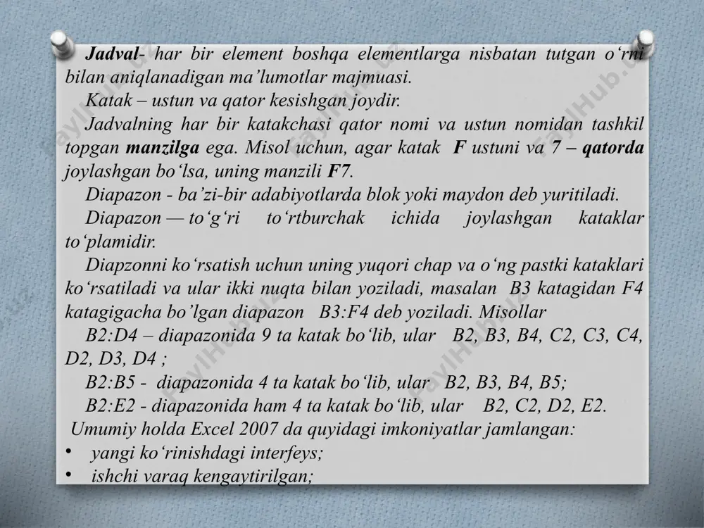 (argumentlar ro‘yxati) - argumentlar ro'yxtidagi sonlarni minimal qiymati; корень(son) – manfiy bo‘lmagan sonning kvadrat ildizini hisoblash; фактр(son) – sonning faktorialini hisoblash; слчис(tasodifiy son) - tasodifiy sonni chiqarish (0 va 1 orasidan); суммесли(diapazon; shart; yig‘indi) – berilgan diapazondagi berilgan shartni qanoatlantiruvchi sonlar yig‘indisini hisoblash; счётесли(diapazon; shart) – berilgan diapazondagi berilgan shartni qanoatlantiruvchi kataklar sonini hisoblash; abs(son) – sonning absolyut qiymatini hisoblash; ln(son) – noldan katta sonning natural logarifmini hisoblash; exp(son) – sonning eksponentasini hisoblash; sin(son) – sonning sinusini hisoblash; cos(son) – sonning kosinusini hisoblash; tan(son) – sonning tangensini hisoblash; если( shart;1-ifoda; 2-ifoda) – agar shart rost bo‘lsa, u holda 1-ifoda bajariladi, aks holda esa 2-ifoda bajariladi; и( 1-shart, 1-shart,…) – agar barcha shartlar rost bo‘lsa, u holda natija ham rost bo‘ladi, aks holda yolg‘on bo‘ladi; или( 1-shart, 1-shart,…) – hech bo‘lmaganda bitta shart rost bo‘lsa, u holda natija ham rost bo‘ladi, aks holda yolg‘on bo‘ladi; masalan: =сумм(а5:а8) –а5, а6, а7, а8 …