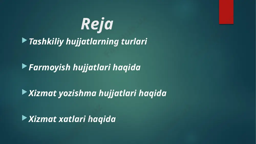 raga aniqlangan shartlarga rozi bo'lishi, shartlarga rioya etish va ijara muddati boshqa ijara shartlarini o'z ichiga oladi. bu hujjat ijaraga tegishli huquqiy munosabatlarning o'zini o'z ichiga oladi va har bir tomon uchun amalda qabul qilinadigan tomonlar va shartlarni ta'riflaydi. hujjatlar tilida ot turkumiga oid so’zlar ko’p qollaniladi. hatto fe’l bilan ifodalanuvchi harakat va holatlar ifodasi uchun ham otga yaqin so’z shakllari tanlanadi, ya’ni “harakat nomi” deb ataluvchi so’z shakllari faol ishlatiladi: “...tayyorgarlikning borishi haqida”, “qarorning bajarilishi to’g’risida”, “… yordam berish maqsadida”, “… qabul qilishingiz sorayman” kabi. fe’l shakllarining qo’llanilishida ham bir muncha o’ziga xosliklar mavjud. xususan, majhul nisbatdagi 3-shaxs buyruq-istak maylidagi yoki o’tgan (yoki xozirgi-kelasi) zamondagi fe’l shakllarining qo’llanish darajasi ancha yuqori: topshirilsin, tasdiqlansin, bajarilsin, bo’shtilsin, tayinlansin; eshitildi, qaror qilindi, ko’rib chiqildi, ko’rsatib o’tildi kabi. hujjatlar mazmuniga ko’ra ikki hil bo’ladi: 1) sodda hujjatlar – muayyan bir masalani o’z ichiga oladi. 2) murakkab hujjatlar – ikki yoki undan ortiq masalani …