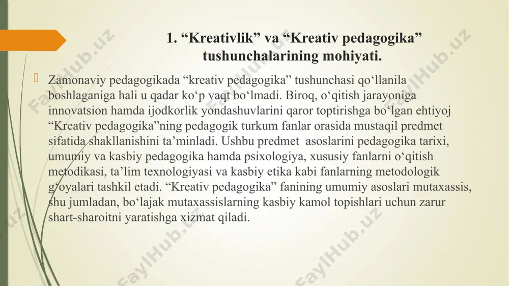 ek, mavjud pedagogik muammolarni ijobiy hal qilishga bo‘lgan tayyorgarligini tavsiflovchi qobiliyati “kreativ pedagogika” quyidagi ikki holatni kafolatlay olishi zarur: o‘qituvchilar tomonidan o‘quv fanlarini past o‘zlashtirayotgan va ularini o‘rganishni zerikarli deb hisoblayotgan talabalar e’tiborlarini fan asoslarini o‘zlashtirishga jalb etish; o‘qituvchilarga talabalarda kreativ fikrlash va ijodiy faoliyat natijalarini rag‘batlantirishga xizmat qiladigan strategiya va vositalarni tavsiya etish qilish orqali auditoriyada ulardan samarali foydalanishlari uchun imkoniyat yaratish. 3. kreativ pedagogikaning asosiy kategoriyalari. har qanday fan singari “kreativ pedagogika” fani ham o‘zining tarkibiy tuzilmasiga ega. ushbu fan quyidagi tarkibiy tuzilmaga ega: kreativ ta’lim asoslari: maqsadi. vazifalari, ob’ekti, predmeti, sub’ektlari, mazmuni, metodologiyasi, shakllari, metodlari, vositalari, metodikasi va texnologiyalari; malakali karlarni tayyorlash va ular tomonidan kasbiy faoliyatni tashkil etish jarayonida yosh xususiyatlarini inobatga olgan holda kreativ shaxsni shakllantirish bosqichlari kreativ pedagogikaning umumiy mohiyati uning konpepsual holatlarini ifodalovchi bir qator tushunchalar asosida ochib beriladi. ular quyidagilardan iborat: ijodkorlik – muayyan yangilikning ahamiyati va foydali ekanligini belgilovchi shaxs faoliyati …