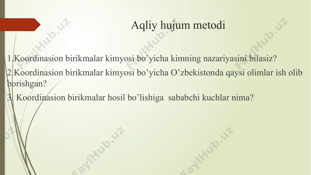 i.i. chernyaevning fikricha, kompleks birikmalarning ichki sferasidagi ligand o’ziga nisbatan trans-o’rinbosarga ta’sir etadi koordinatsion birikma shunday birikmaki, uning molekulasi yoki ioni markaziy ion yoki atomga ega bо‘lib, buni bir necha ion yoxud molekulalar, ya’ni ligandlar qurshab turadi. hozirgacha koordinatsion birikmalarga aniq ta’rif berilmagan. akademik y.n.kukushkin kompleks birikmalarga quyidagi ta’rifni berdi : «kompleks birikma deganda kristall holatda bо‘lmasin, eritmada bо‘lmasin, tarkibida ligandlar bilan qurshalgan markaziy atomi mavjud birikmalarni tushunmoq kerak». koordinatsion birikmalar hosil qilish uchun birikish, almashinish, oksidlanish – qaytarilish reaksiyalaridan foydalaniladi. 1916-1922 yillarda nеmis olimlari kossеl va magnuslar komplеks birikmalarning hosil bo’lishini tushuntirish uchun o’zlari yaratgan ion bog’lanish nazariyаsidan foydalandilar. a. vernerning fikricha, kompleks birikmalar ikki sferadan tarkib topgan: olim haligacha fanda ma’lum bo’lmagan koordinatsion son haqida tushuncha kiritdi. a. verner ta’kidlaydiki, oddiy birikmalar uchun valentlik qanday katta ma’noga ega bo’lsa, kompleks birikmalar uchun koordinatsion son ham xuddi shunday ahamiyat kasb etadi. uning yana bir muhim kashfiyoti-kompleks birikmalarning fazoviy tuzilishi …