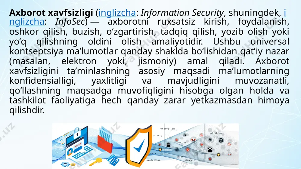 alashtirishga urinishlarni aniqlash usullarini ishlab chiqish zarurligini anglaganlar. masalan, eramizdan avvalgi 50-yillarda yuliy tsezar tomonidan ixtiro qilingan shifrlash usuli uning maxfiy xabarlarini begonalar tomonidan oʻqilishiga yoʻl qoʻymaslik uchun ishlab chiqilgan. maxfiy xabarlar shunday belgilanganki, ular himoyalangan va faqat ishonchli shaxslar tomonidan qoʻriqlanadigan, xavfsiz xonalarda maxsus qutilarda saqlangan. tarix asosiy taʼriflar himoya qilinadigan axborot — normativ-huquqiy hujjatlar talablariga yoki axborot egasi tomonidan belgilangan talablarga muvofiq muhofaza qilinishi kerak boʻlgan axborotdir. axborot egasi — axborotni mustaqil ravishda yaratgan qonun yoki shartnoma asosida har qanday belgilar bilan aniqlangan maʼlumotlarga kirishga ruxsat berish yoki cheklash huquqini olgan shaxs. axborot egalari quyidagilar boʻlishi mumkin: davlat, yuridik shaxs, jismoniy shaxslar guruhi, alohida jismoniy shaxs. asosiy taʼriflar axborot xavfsizligi — axborot xavfsizligi holati, bunda uning maxfiyligi, yaxlitligi va mavjudligi taʼminlanadi. axborot xavfsizligini tashkil etish — axborot xavfsizligiga tahdidlarni aniqlash, axborotni himoya qilish boʻyicha chora-tadbirlarni rejalashtirish, amalga oshirish va axborotni muhofaza qilish holatini kuzatishga qaratilgan harakatlar majmui. axborot …