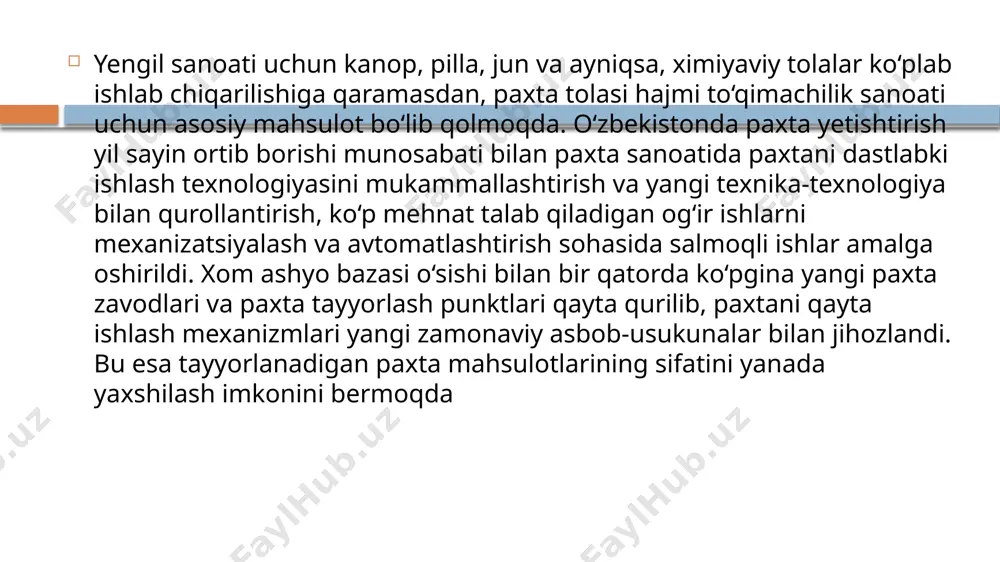 tilmaydi. paxtani maydonchalarda g‘aramlash faqat havo quruq paytida olib boriladi, yomg‘ir yoqqanda g‘aramlash taqiqlanadi. g‘aramga to‘kilgan paxta maydonning hamma joyiga bir tekis va bir xil qalinlikda joylashtirilishi lozim. g‘aramlangan paxtaning balandligi (uning cho‘kishigacha) sanoat navi va namligiga qarab quyidagi jadvalda ko‘rsatilgandagidek bo‘lishi kerak. namligi 20% dan ortiq paxta qts (quritish-tozalash sexi)yonida joylanadi, chunki bunday paxtalar ushlab turilmasdan zudlik bilan quritilishi va qayta ishlanishi lozim. namligi 14% gacha bo‘lgan paxtani ts (tozalash sexi) mintaqasida, 14% dan ortiq bo‘lganini esa qts mintaqasida joylash kerak. paxta g‘aramining shakllanishi va cho‘kishidan so‘ng, uning yon hamda burchak tomonlari terib tekislanadi. paxtani g‘aramlash vaqtida uning g‘aram maydonchasining yuzasida bir tekisda joylanishiga va zich shibbalanishiga e’tibor berish kerak. g‘aramning zichlanadigan chekkalari doimo g‘aramning o‘rta sathidan pastroq bo‘lishi lozim. quyidagi hollarda g‘aramlar mustahkamligi etarli darajada bo‘lmaydi va ular qulaydi: paxtaning pastki va keyingi qatlamlari yetarli darajada shibbalanmasa; g‘aram burchaklari noto‘g‘ri joylansa va yetarli darajada shibbalanmasa; g‘aramning butun yuzasi …