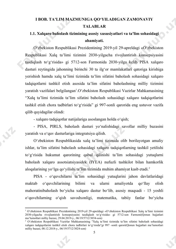 ch yilda bir marta o‘tkazib kelinadi. pisa dasturi taʼlim sohasidagi davlat siyosatiga taʼsir ko‘rsatib, har bir davlat o‘tkazgan tadqiqot natijalari asosida o‘zining taʼlim sohasidagi yutuq va kamchiliklarini aniqlab, boshqa davlatlarga nisbatan mavqyeini taqqoslaydi. taʼlim tizimini takomillashtirish va rivojlantirishda o‘z strategiyasini belgilab oladi. pirls (progress in international reading and literacy study) boshlang‟ich sinf o‘quvchilarining matnni o‘qib tushunish darajasini baholash bo‘yicha xalqaro tadqiqot dasturidir. pirls - tadqiqotida 50 dan ortiq davlatlar ishtirok yetib kelmoqda. mazkur xalqaro tadqiqotning maqsadi turli xil taʼlim tizimidan iborat bo‘lgan davlatlardagi boshlang‘ich maktab o‘quvchilarining matnni o‘qish va qabul qilish bo‘yicha tayyorgarligi hamda o‘quvchilarning har xil yutuqlarga yerishishga sabab bo‘luvchi taʼlim tizimidagi o‘ziga xos xususiyatlarni aniqlash va baholashdan iborat. pirls dasturi 2001-yilda taʼlim sohasidagi yutuqlarni baholash xalqaro assotsiatsiyasi tomonidan tashkil etilgan. har besh yilda o‘tkaziladigan pirls dasturi 4-sinf o‘quvchilarining o‘qish savodxonligini xalqaro darajada baholaydi. o‘qish savodxonligi o‘quvchilarning ilmiy va shaxsiy muvaffaqiyatini o‘sishi uchun asos bo‘lib xizmat qiladi. so‘nggi yillarda …