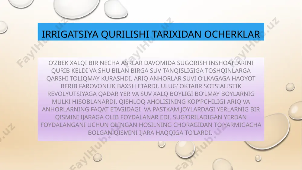 farg’ona kanali qurilishidan lavha o’zbekistondagi yirik irrigatsiya qurilishlari bundan tashqari 1940-1941 yillarda o’zbekistonning barcha oblastlarida xalq tezkorlik usuli bilan yirik sug’orish kanallari qazildi . toshkent kanali, shimoliy farg’ona kanali , xorazmdagi toshkent kanali, qoraqolpog’istondagi lenin nomli kanal va boshqalar shular jumlasidandir. suv uchun bo’lgan ikki yillik kurashda o’zbekistonda faqat yirik irrigatsiya qurilishlarida 62 mln kub. metr hajmdagi yer ishi bajarildi va suv inshoatlari uchun 153 ming kub. metr beton yotqizildi o’zbekistondagi yirik irrigatsiya qurilishlari 1941- yilda fashistlar germaniyasining sovet ittifoqiqa qarshi boshlagan xionona hujumi tufayli kata kanallar va inshoatlar quruliushi to’tatildi. urush darida kolxozlarning don, poliz va boshqa ekinlar o’stiriladigan yerlardagi bo’sh joylarga suv chiqarish ishlari olib borildi. o’zbekistonda faqatbir yil ichida , yangi 1942 – yilda 242 ming ga yangi yer va don o’stiriladigan zarang yerlarga suv chiqarildi . 1950- yildan boshlab respublikada yangi sug’orish sestimasiga o’tildi, sug’oriladiga uchastkalar yiriklashtirildi, xo’jaliok ishlarining kompleks mexanizatsiyalashni joriy qilsh uchun doimiy sug’orish …