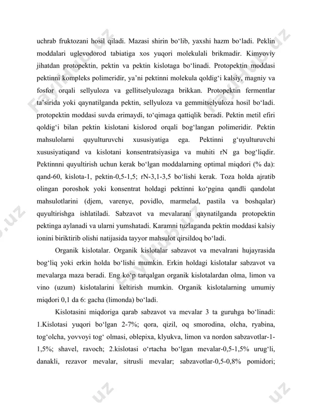 omidordan boshqa hamma sabzavotlar. sabzavot va mevalarni nordonligi kislotalarni miqdoriga va sifatiga bog‘liq bo‘ladi. sabzavot va mevalraning mazasini obyektiv baholash uchun qandni shirinlik darajsini hisobga olgan qand kislota koeffitsiyenti hisoblanadi. kkk= s glyukoza*100+s fruktoza*200+s saxaroza*145/ s kislota bu yerda: s-moddaning miqdori, %, organik kislotalar mevani to‘qimasida turli miqdorda tarqalgan bo‘lib, po‘sti va urug‘ida kamroq, mag‘zida ko‘proqdir. azotli moddalar. azotli moddalarga oqsil va azot tutuvchi boshqa moddalar kiradi. azotli moddalar sabzavot va boshqa mevalar tarkibida nisbatan kam (0,6-7%) bo‘lsa ham ularni hayot faoliyatida katta ahamiyatga ega. maslina va dukkaklilar tarkibidagi oqsilni msiqdori (4-6%) bo‘lib alohida ajralib turadi. sabzavot va mevalara oqsildan tashqari yana erkin holdagi amonokislotalar, fermentlar, nuklein kislota, amidlar, glikozidlar, nitratlar va boshqalarni o‘zida saqlaydi. amonokislotalar modda almashinuvida aktiv qatnashadi va oqsilni sintez bo‘lishida ishtirok etadi. sabzavot va mevalarni saqlash davrida tinimsiz oqsilni gidrolizi (amonokislotagacha) va qaytar jarayon-amonokislotalardan oqsil sintez bo‘lishi jarayoni ketadi. sabzavot va mevalrani saqlashda ma’lum davrda oqsil …