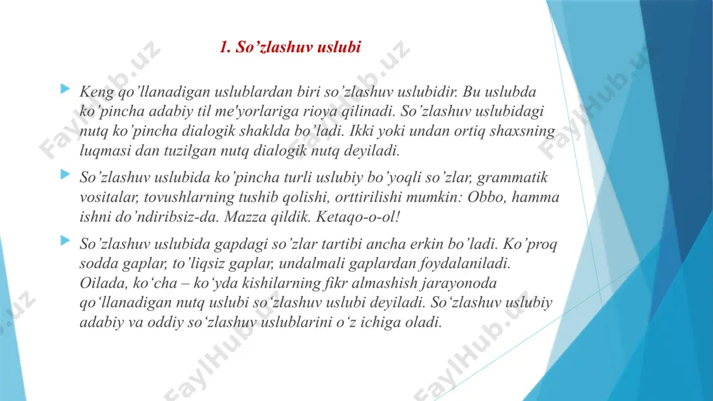 ik ta'sir ham ko’rsatadi: o’lkamizda fasllar kеlinchagi bo’lmish bahor o’z sеpini yoymoqda. badiiy uslubda qahramonlar nutqida oddiy nutq so’zlari, shеva, vulgarizmlardan ham foydalaniladi. badiiy asarlar uslubi aralash uslub hisoblanadi. unda so’zlashuv uslubiga, kitobiy uslublarga xos o’rinlar ham uchraydi. publitsistik uslub va uning xususiyatlari. publisistika (lat. «xalq, omma») davrning eng muhim, dolzarb masalalarini o`quvchilarga, tinglovchilarga, tomoshabinlarga gazeta-jurnal, radio, televideniye orqali yetkazish, ommani jonlantirish, kishilarning ongiga atrofda sodir bo`layotgan voqealarni singdirish, ularning ijtimoiy qarashlarini shakllantirish uchun xizmat qiladi. ommaviy axborot vositalarida (gazeta-jurnal, radio, televideniye), oliy majlis yig`inlarida, turli xil anjumanlarda qo`llaniladigan nutq uslubi publitsistik uslub sanaladi. publitsistik uslubning o`ziga xos xususiyati shundaki, u muayyan ijtimoiy masalalarga faol munosabatda bo`lish, hozirjavoblik, ta’sirchanlik belgilariga ega. bunday nutq uslubida ijtimoiy-siyosiy tushunchalarni ifodalovchi so`zlar ko`proq qo`llaniladi. bu uslubda hayotiy voqea va dalillar oddiygina qayd qilinmay, jo‘shqin va haroratli misralarda ifodalanadi, ulardan umumiy xulosalar chiqariladi hamda muhimi, xalqqa murojaat, undash, qiziqtirish orqali o‘quvchiga ta’sir ko‘rsatiladi. so‘zlashuv uslubi …