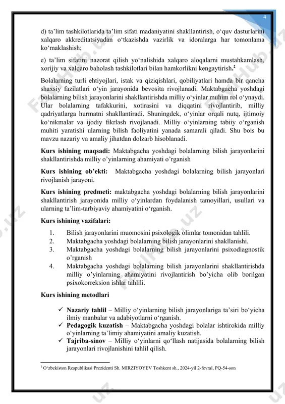 ogik asoslari. · pedagogik nazariyalar – j. a. komenskiy, k. d. ushinskiy, a. s. makarenko kabi pedagoglarning o‘yin va ta’lim-tarbiya jarayonidagi roliga oid qarashlari. · psixologik nazariyalar – l. s. vygotskiy, j. piajening bolalar bilish jarayonlari rivojlanishi haqidagi nazariyalari. · xalq pedagogikasi – o‘zbek milliy o‘yinlari orqali ta’lim-tarbiya berish an’analari va ularning bilish jarayonlariga ta’siri. · faoliyat nazariyasi – a. n. leontevning faoliyat orqali o‘rganish tamoyillari va ularning bolalar rivojlanishidagi o‘rni. · integrativ yondashuv – bilish jarayonlarini rivojlantirishda o‘yin metodikasini boshqa ta’lim texnologiyalari bilan uyg‘unlashtirish. kurs ishining nazariy ahamiyati: kurs ishining nazariy ahamiyati shundaki, u maktabgacha yoshdagi bolalarning bilish jarayonlarini rivojlantirishda milliy o‘yinlarning ilmiy-pedagogik asoslarini tahlil qiladi. tadqiqot natijalari pedagogika, psixologiya va xalq pedagogikasi nuqtayi nazaridan milliy o‘yinlarning o‘rganilishiga hissa qo‘shadi. shuningdek, bu ish milliy o‘yinlarning bilish jarayonlariga ta’sirini nazariy jihatdan asoslab, ularni ta’lim jarayonida samarali qo‘llash yo‘llarini ko‘rsatadi. kurs ishining amaliy ahamiyati: kurs ishining amaliy ahamiyati shundaki, uning natijalari …