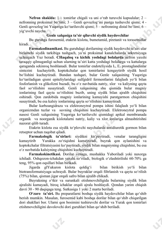 armakodinamik ko‘rsatkichlari dorilarning nomi ta’sirining boshlanishi ta’sirning davomiyligi suv va tuzlarni chikarish kobiliyati n2o na + k+ s1- nso3- dixlortiazid 2 soat 14 soat +++ +++ +++ +++ ++ diakrab (atsetozolamid) 2 soat 10 soat ++ ++ +++ + ++++ spironolakton (aldakton, veroshpiron) 48-72 soat 3-4 kun ++ ++ + ++ + furosemid 30 daqiqa 6 soat ++++ +++ +++ ++++ + etakrin kislota 30 daqiqa 8 soat ++++ +++ ++ ++++ + farmakodinamikasi. qonning osmotik bosimini ko‘paytiradi va shishli to‘qimalardan suyuqlikning qonga o‘tishiga va oqayotgan qon hajmining ko‘payishiga olib keladi. natijada kon oqishi va koptokchalarning siydik ajratish faolligi ko‘payadi, bundan tashqari pretubulyar bushlikda kon okimining ortishi genli xalqasining yuqoriga chiqish qismida xlor, natriyning sustlik bilan qayta so‘rilishini buzadi, bunga qaytishga qarshilik ko‘rsatadigan aylanma tizim ishining izdan chiqishi sabab bo‘ladi. nefron shaklda: 1 – tomirlar chigali va uni o‘rab turuvchi kapsulalar; 2 – nefronning proksimal bo‘limi; 3 – genli qovuzlog‘ini …