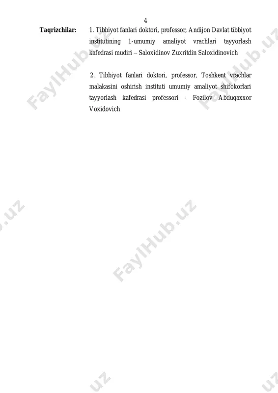 ishiga yordam bering eslab qoling! bemorga sanitariya tozalov o’tkazishda tibbiy hamshiraning qatnashishi va boshqa zaruriyat bo’lganda, masalan bemorning umumiy holati yomonlashganda (yurak sohasida ogriqlar paydo bo’lganda, yurak tez urganda, bosh aylanganda, teri qoplamlari oqarganda) gigiyenik vannani to’xtatish zarur, vrachgacha bo’lgan yordam ko’rsatilib bu xaqda navbatchi shifokorga habar beriladi. 7 gigiyenik dushni tayyorlashda va o’tkazishda ketma-ket bajariladigan xarakatlar: 1. vannani yuving 2. vannaga skameykani qo’ying va bemorni huddi shunday vannadagidek ketma-ket yordam bering (rasm 3,b) 3. tanani kuriguncha sochikda arting va odeyal bilan yoping 4. bemorni artinishiga va kiyinishiga yordam bering eslab qoling! sanitariya tozalovni fakat shifokor aniklab beradi! bemorni artinishida ketma-ket bajariladigan xarakatlar: 1. bemorni ostiga suv kogoz kuying 2. suv namlanguncha gubkada bemorni buyin, kukrak, kullarini arting 3. tanani kuriguncha sochikda arting va odeyal yoping 4. xuddi shuningdek, yelkani, kul-oyoklarni arting eslab qoling! sanitariya tozalovni fakat shifokor aniklab beradi! bemorni bo’limga tashish qoidalari: bemorning umumiy holatiga ko’ra tashish usulini …