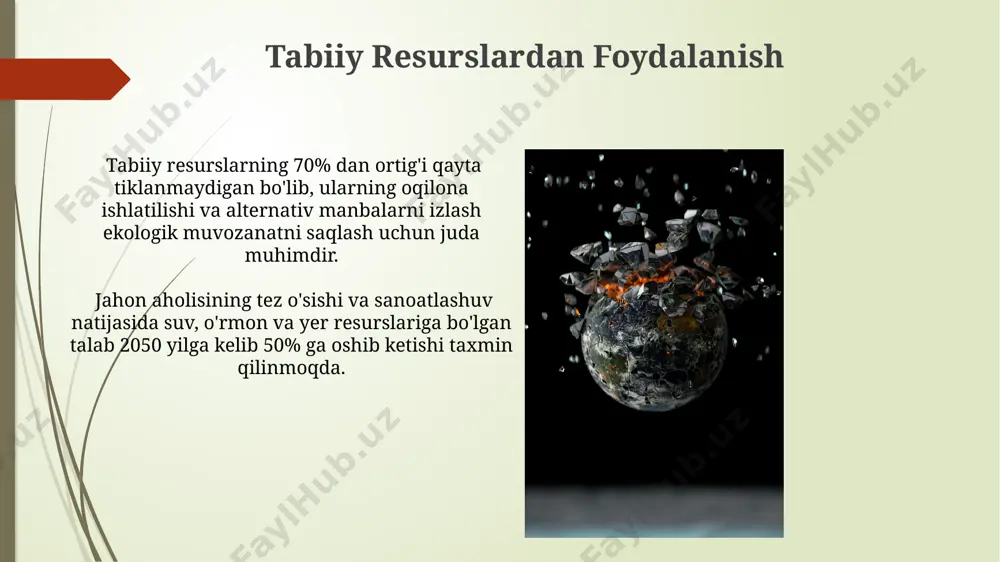 ma-xillik yo'qolishi kabi global miqyosdagi tahdidlarni o'rganishga qaratilgan. so'nggi 10 yil ichida inson ekologiya bo'yicha nashr etilgan ilmiy maqolalar soni 30% ga oshgan bo'lib, bu fanning dolzarbligini va jadal rivojlanishini ko'rsatadi. xalqaro hamkorlik va ekologiya jahon banki va bmtning hisobotlariga ko'ra, ekologik loyihalarga yillik sarmoyalar 2030-yilga kelib 500 milliard dollardan oshishi kutilmoqda, bu esa xalqaro hamkorlikning muhim rolini ta'kidlaydi. xalqaro hamkorlik orqali 2022-yilda 150 dan ortiq davlat iqlim o'zgarishiga qarshi kurashish bo'yicha shartnomalar imzolagan, bu esa global ekologik muammolarni hal qilishga qaratilgan keng ko'lamli hamkorlikni ko'rsatadi. iqlim o'zgarishi va uning ta'siri iqlim o'zgarishi tufayli 2050-yilga kelib, dunyo bo'yicha 200 milliondan ortiq odam o'z yashash joylarini tark etishga majbur bo'lishi mumkin, bu katta miqyosdagi migratsiya to'lqini xavfini tug'diradi. global karbon emissiyasi 2022 yilda rekord darajada yuqori bo'lgan, bu esa yerning o'rtacha haroratini 1,1°c ga oshirdi va ekstremal ob-havo hodisalari chastotasini va intensivligini kuchaytirdi. sog'liqni saqlash va ekologiya o'rta osiyo mintaqasida, shu …