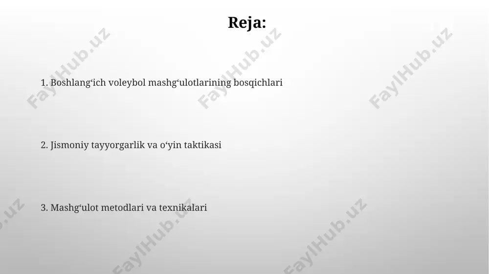 i xil masofalardan, 5-7 marta takrorlash bilan, aniq va kuchli zarbalarni amalga oshirishni oʻrgatish, shuningdek, buxoroda mavjud zamonaviy sport inshootlaridan foydalanish mumkin. toʻp bilan mashqlar “топ билан mashqlar”нинг иккинчи босқичида, 10-12 ёшли ўсмирлар самарқанддаги спорт залдарида 20 та турли тўп билан ўйнаш усулларини, ҳар бири 15 такрордан иборат бўлган машқларни бажаришади. 5-10 ёшли болалар учун “топ билан mashqlar” дастурида, тошкент шаҳридаги спорт мактабларида тўпни ушлаш, улоқтириш ва уриш машқлари 30 дақиқалик машғулотларда ўргатилади. taktik tayyorgarlik samarqanddagi voleybol maktablarida 14-16 yoshli oʻsmirlar uchun hujum va himoya taktikasi elementlarini oʻz ichiga olgan murakkab 6x6 oʻyinlari, shuningdek, turli xil hujum va himoya variantlari qoʻllaniladi. boshlangʻich taktik tayyorgarlik 6-8 yoshli bolalar uchun oddiy oʻyin shakllarini, masalan, 2 ta oʻyinchi va toʻp bilan oʻtkaziladigan mashqlarni oʻz ichiga oladi, bu esa toshkentdagi sport maktablarida qoʻllaniladi. baholash va tahlil тошкент шаҳридаги волейбол мактабларида 12-15 ёшли ўсмирлар учун ўтказилган баҳолашда, 30% ўсмирларда ҳужум зарбасининг тезлиги ва аниқлигида муаммолар …