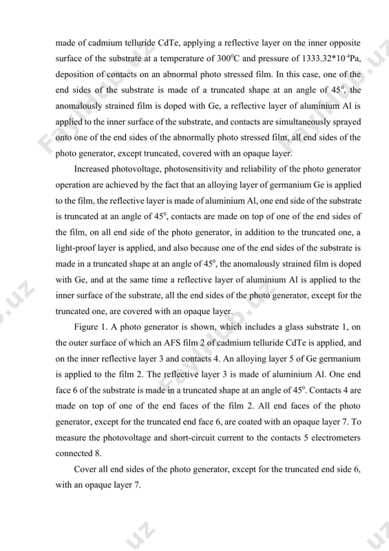 is made of a truncated shape at an angle of 450, the anomalously strained film is doped with ge, a reflective layer of aluminium al is applied to the inner surface of the substrate, and contacts are simultaneously sprayed onto one of the end sides of the abnormally photo stressed film, all end sides of the photo generator, except truncated, covered with an opaque layer. increased photovoltage, photosensitivity and reliability of the photo generator operation are achieved by the fact that an alloying layer of germanium ge is applied to the film, the reflective layer is made of aluminium al, one end side of the substrate is truncated at an angle of 450, contacts are made on top of one of the end sides of the film, on all end side of the photo generator, in addition to the truncated one, a light-proof layer is applied, and also because one …