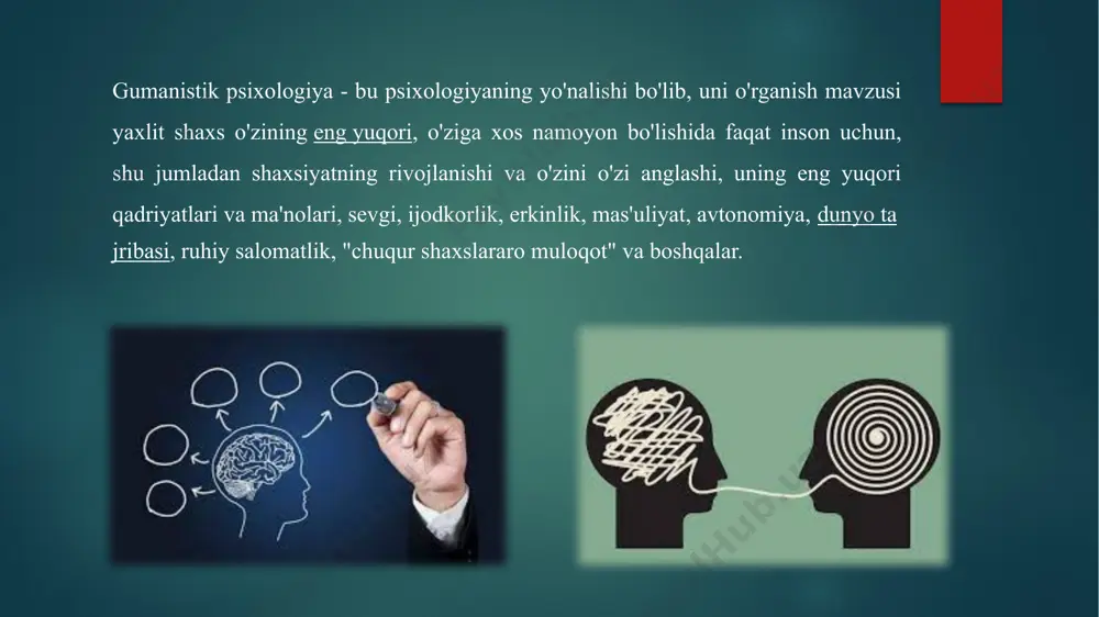shhur. ushbu kontseptsiyaga ko'ra, insonda tug'ilishdan boshlab yetti turdagi ehtiyojlar doimiy ravishda paydo bo'ladi va uning ulg'ayishi bilan birga keladi: 1) fiziologik (organik) ehtiyojlar, masalan, ochlik, tashnalik, jinsiy istak va boshqalar; 2) xavfsizlik ehtiyojlari - o'zini himoyalangan his qilish, qo'rquv va muvaffaqiyatsizlikdan, tajovuzkorlikdan xalos bo'lish zarurati; 3) mansublik va muhabbat ehtiyoji - jamiyatga mansub bo'lish, odamlarga yaqin bo'lish, ular tomonidan tan olinishi va qabul qilinishi; 4) hurmat (ehtirom) ehtiyoji - muvaffaqiyatga erishish, ma'qullash, tan olish, hokimiyatga bo'lgan ehtiyoj; 5) kognitiv ehtiyojlar - bilish, qodir bo'lish, tushunish, kashf qilish ehtiyoji; a.maslouning fikricha, bu motivatsion piramida fiziologik ehtiyojlarga asoslanadi va estetik va o'zini o'zi amalga oshirishga bo'lgan ehtiyoj kabi yuqori ehtiyojlar uning yuqori qismini tashkil qiladi. bundan tashqari, u yuqori darajadagi ehtiyojlar faqat quyi darajadagi ehtiyojlar birinchi navbatda qondirilsagina qondirilishi mumkin deb hisoblagan. shuning uchun, faqat oz sonli odamlar (taxminan 1%) o'zini o'zi amalga oshirishga erishadilar. bu odamlar bor shaxsiy xususiyatlar nevrotiklar …