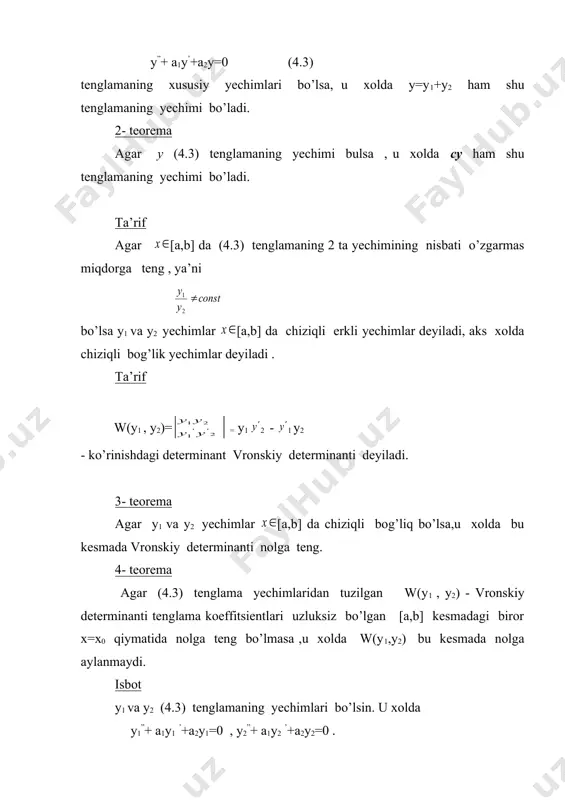 nchi xususiy yechimni y2 =u(x)ek x shaklda izlaymiz: y2 ’ =(u’ (x) + k1 u(x))ek x , y2 ’’ =(u’’ (x) +2k1 u’(x) + k21 u(x))ek x . bularni (4.3) ga qo’yib va soddalashtirib (u’’ (x) +(2k1+a1) u’(x) + (k21+k1a1+a2) u(x))ek x =0 xosil qilamiz. k1= bo’lganda 2k1+a1 =0 va k1- xarakteristik tenglama karrali ildizi bo’lganidan u’’ (x) ek x = 0 yoki u’’ (x) = 0. uni integrallab u(x)=ax+ b ni xosil qilamiz. xususiy xolda, a=1 va b=0 deb olish mumkin: u(x)=x. demak, ikkinchi xususiy yechim y2 =xek x ko’rinishda buladi. demak, bu xolda umumiy yechim y =( c1+ c2x)ek x ko’rinishida bo’ladi. 3. xarakteristik tenglamaning ildizlari k1 va k2 kompleks sonlar bo’lsin: , , . xususiy yechimlarni y1 =e x va y2 =e x shaklida yozish mumkin. quyidagi natijadan foydalanamiz: agar xaqiqiy koeffitsentli bir jinsli chiziqli tenglamaning hususiy yechimi kompleks funksiyalardan iborat bo’lsa, u xolda uning haqiqiy va …