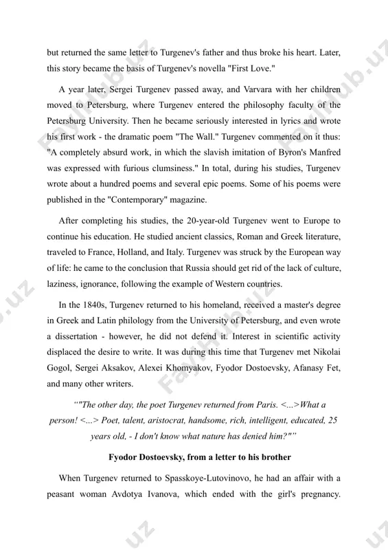 ed "the hunter's notes" to be printed, by personal order of nicholas i, was dismissed from service and deprived of his pension, and the collection itself was banned from republication. the censors explained this by the fact that turgenev, while poetically portraying the serfs, criminally exaggerated their suffering from the landlord's oppression. in 1856, the writer's first major novel - "rudin," written in just seven weeks, was published. the name of the novel's hero has become a common noun for people whose words don't match their actions. three years later, turgenev published the novel "the noble nest," which proved incredibly popular in russia: every educated person considered it their duty to read it. "knowledge of russian life, and moreover, knowledge not bookish, but experienced, derived from reality, purified and comprehended by the power of talent and reflection, appears in all of turgenev's works..." dmitry pisarev from 1860 to 1861, excerpts …