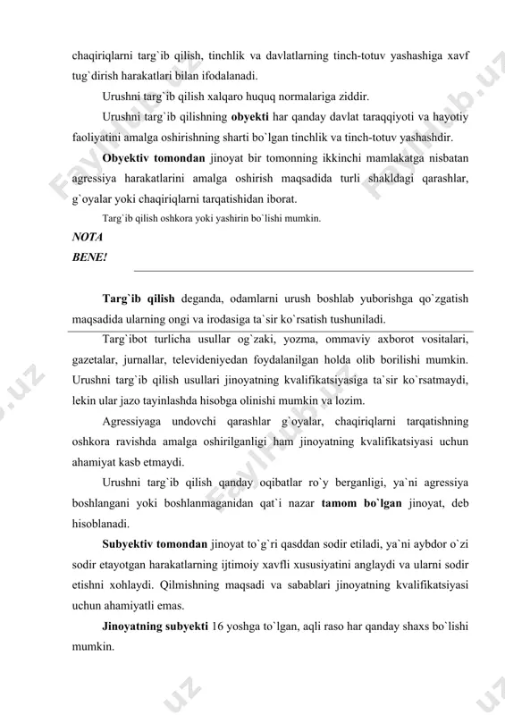 miga xilof ravishda boshqacha tarzda qo`llashi agressiya hisoblanadi. urushni rejalashtirish deganda, harbiy harakatlar olib borish maqsadida har qanday rejalar, loyihalar tuzish, hisob-kitoblar olib borishni tushunmoq lozim. urushga tayyorgarlik ko`rish deganda, odamlar, harbiy resurs​larning harbiy harakatlarni boshlashga shay bo`lishini ta`minlash uchun muayyan harakatlar yoki tadbir (masalan, harbiy tuzilmalarni ma`lum bir yo`nalishga (joyga) jamlash, harbiy inshootlar qurish, harbiy mahsulot ishlab chiqarishni kuchaytirish, harbiy bo`linmalarni bosh​qatdan joylashtirish va h.k.)larning bajarilishi tushunilmog`i lozim. til biriktirish deganda, bosqinchilik urushini sodir etishni rejalashtirish yoki unga tayyorgarlik ko`rish uchun ikki yoki undan ortiq shaxslarning til biriktirishini tushunmoq lozim. o`zr jk 151-modda 2-qismida javobgarlik ko`zda tutilgan jinoyat obyektiv tomonidan agressiyani boshlash yoki uni olib borishdan iborat. agressiya urushining boshlanishi deganda, urush e`lon qilinishi yoki harbiy harakatlarning boshlanishini tushunish kerak. nota bene! qurol-yarog` qo`llangan har qanday harbiy harakatlar agressiya urushini olib borish, deb hisoblanadi. bmt bosh assambleyasining 1974 yil 14 dekabrda qabul qilingan «agressiya tushunchasi» to`g`risidagi rezolyutsiyasining 3-moddasida: 1) …