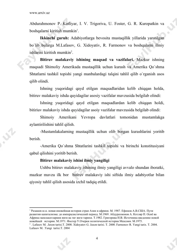 i tashkil topishi milliy hukumatni shakllanish yo`llari har tomonlama yangi manba va adabiyotlar yordamida yoritilgan. amerika qo`shma shtatlari hozirgi kunda dunyodagi eng rivojlangan, qudratli davlatlardan biri hisoblanadi. uni shu darajaga yetishishidagi bosib o`tga tarixiy davrlari ushbu yo`lda o`z mukofotini topgan. bitiruv malakaviy ishidan tarix fakulteti talabalari kollej va litsey o`quvchilari jahon tarixini ushbu mavzusiga ta`luqli muhim ma`lumotlarni olishlari mumkin. ishning abrobatsiyasi. bitiruv malakaviy ish qarshi davlat universiteti «jahon tarixi va arxeologiya» kafedrasi qoshidagi “yosh tarixchi” to`garagida ma`ruza qilindi hamda 2011-2012 o`quv yilida jahon tarixi va arxeologiya kafedrasida muhokama qilindi. bitiruv malakaviy ishining tuzilishi ish kirish, ikki bob,turli fasl, xulosa, foydalanilgan manba va adabiyotlar ro`yxati hamda ilovalardan iboratdir. 1-bob. shimoliy amerika mustaqilligi uchun olib borilgan kurash 1.1. shimoliy amerika yevropa davlatlari tomonidan mustamlakaga aylantirilishi. xvii asrda amerikaga kelgan ko`chkinchilarning aksariyati inglizlar bo`lgan, biroq o`rta mintaqada gollandiyaliklar, shvedlar va germanlar, janubiy karolina va yana ba`zi joylarda birmuncha fransiyalik gugenotlar, asosan janubda afrikadan …