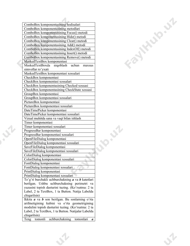 label, 1 ta textbox, 1 ta button. natijalar labelda chiqarilsin) uchburchakning burchaklari , , va unga tashqi chizilgan aylananing r radius berilgan. ushbu uchburchakning tomonlari uzunliklarini topish dasturini tuzing ((ko’rsatma: 4 ta label, 4 ta textbox, 1 ta button. natijalar labelda chiqarilsin) ax2+bx+c=0 kvadrat tenglamaning a, b, c koeffisiyentlari berilgan. (bu tenglamada va diskriminant noldan katta deb hisoblang.) ushbu tenglamaning yechimlarini topish dasturini tuzing ((ko’rsatma: 3 ta label, 3 ta textbox, 1 ta button. natijalar labelda chiqarilsin) agar arifmetik progressiyaning birinchi hadi a1 va ayirmasi d ma’lum bo’lsa, ushbu arifmetik progressiyaning n ta hadining yig’indisini topish algoritmini tuzing (ko’rsatma: 3 ta label, 3 ta textbox, 1 ta button natijalar labelda chiqarilsin) uchburchakning a, b, c tomonlari berilgan. ushbu uchburchakning barcha burchaklarini topish dasturini tuzing (ko’rsatma: 6 ta label, 6 ta textbox, 1 ta button. natijalar labelda chiqarilsin) tomonlari a, b, c, bo’lgan uchburchakka uchburchakka ichki chizilgan aylananing yuzasini topish dasturini …
