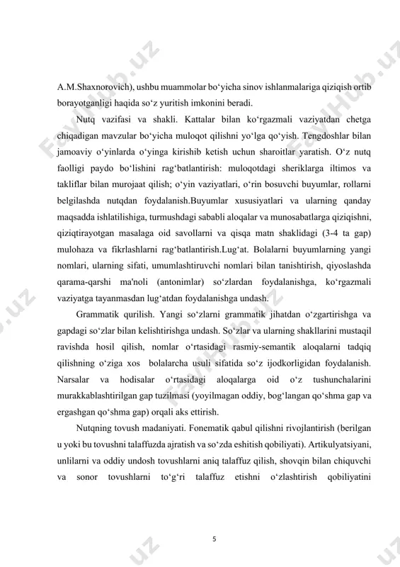 li -og‘zaki nutqni adabiy til me'yorlariga muvofiq holda egallashni, to‘liq ko‘rinishda esa tushunish va faol nutqqa kirishishni o‘rgatish. mazkur maqsaddan kelib chiqqan holda maktabgacha yoshdagi bolalar nutqini rivojlantirish borasidagi vazifalar quyidagilar hisoblanadi: nutqning tovush madaniyatini tarbiyalash; lug‘atni boyitish, mustahkamlash va faollashtirish; nutqning grammatik to‘g‘riligini takomillashtirish; og‘zaki (dialogik) nutqni o‘rgatish; ravon nutqni rivojlantirish; badiiy so‘zga qiziqishni tarbiyalash; savod o‘rganishga tayyorlash. nutq va muloqot masalalarini, maktabgacha davrdagi bolalikning barcha yosh bosqichlarida ushbu yo‘nalishdagi pedagogik ishlardan ko‘zda tutilgan vazifalarni batafsil ko‘rib chiqamiz. go`daklik yoshi: 0 - 1 bola hayoti kattalar hayoti va faoliyatiga uyg‘unlashgan bo‘ladi. ayni paytda bolada unga ta'sir o‘tkazish uchun biron-bir o‘ziga xos insoniy vositaga mavjud bo‘lmaydi. bu mazkur rivojlanishning asosiy genetik vazifasi - kichkintoylarda katta odam bilan muloqotga kirishish qobiliyati va vositalarini shakllantirishdan iboratdir. emotsional-erkin muloqot - ushbu yoshdagi yetakchi faoliyat turi hisoblanadi. bolaning boshqalardan ajralib qolishi, kattalar bilan emotsional muloqotlarning yetishmasligi bola hayotining dastlabki oylaridan boshlab uning yetarli darajada …