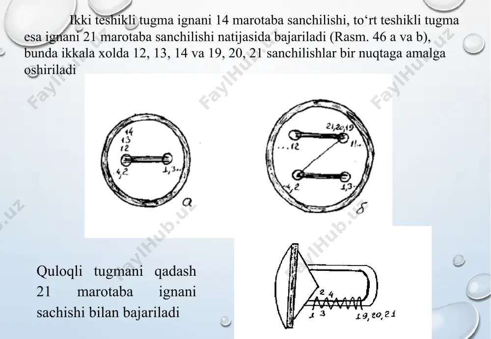 nligi, mm - - - - 2,5-5,5 2-4 - 5 ignalar 11a 100, 120 1a 120, 130 3s yoki 3r 75-130 3r 130, 150 11a 100, 120 11a 90-120 11a 90, 110 6 o‘lchamlari, mm uzunligi eni balandligi 500 330 365 500 330 365 580 263 392 575 330 400 - - - - - - - - - 7 ogirligi, kg 38 38 36 36 29 42 - 27 sinf yarim avtomatini mexanizmlarini tuzilishi, ishlash prinsipi va sozlash yo‘llari u quyidagi mexanizmlardan tashkil topgan: 1) igna mexanizmi: a) krivoship-shatun tipidagi igna uzeli (5-ma’ruzaga qaralsin); b) ignani ko‘ndalang xarakatlar uzeli. 2) krivoship-koromislo tipidagi ip tortgich mexanizmi (6-ma’ruzaga qaralsin). 3) bir tekisda aylanuvchi markaziy klpoqchali moki mexanizmi (7-ma’ruzaga qaralsin). 4) buyumni mashina platformasi bo‘ylab ilgarilama-qaytma surish mexanizmi (14-ma’ruzaga qaralsin). 5) mashinani avtomatik to‘xtatish mexanizmi (14-ma’ruzaga qaralsin). ignani ko‘ndalang harakatlar uzeli (rasm 50) quyidagicha tuzilgan va ishlaydi tasma 1 salt shkivdan 2 …
