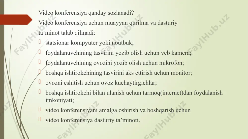 rensiyalarni tekshirishga oʻxshash tekshiruvlarni amalga oshirish. ayrim veb konferensiyalarda ishtirokchilar hujjatlarni ulashishni xohlashlari mumkin. aksariyat veb konferensiya dasturlari buni amalga oshirishga imkon beradi. bu hujjatlarni onlayn majlis zaliga oldindan yuklash yoki veb konferensiya paytida xabar ayirboshlash vositasiga havola yuborish orqali amalga oshiriladi. bunda oldindan yuklangan hujjatlarga kirish yoki matnli vositadan foydalanish imkoni bor-yoʻqligini sinab koʻrish talab qilinishi mumkin video va veb konferensiyalarda tarmoqlardan foydalanish tarmoqlardan foydalanilmasa, video konferensiya va veb konferensiyani keng miqyosda tashkillashtirish imkonsiz boʻlardi. paketli kommutatsiyadan foydalanish xuddi boshqa turdagi uzatiladigan maʼlumotlar kabi video va audio uzatishni ham paketlarga taqsimlash imkonini beradi. olingan paketlar tarmoqlar va internet boʻylab oson va tez uzatilishi mumkin. tashkilot ichida oʻtkaziladigan video va veb konferensiyalarda shu tashkilotning lokal tarmogʻidan (lan) foydalaniladi. lokal tarmoq (lan) simli yoki simsiz boʻlishi mumkin. konferensiyalarga tashqaridan ulanish uchun global tarmoq (wa) yoki internetdan foydalanish talab qilinadi. video va veb konferensiya uchun risoladagidek axborot uzatish tezligi talab qilinadi. video …