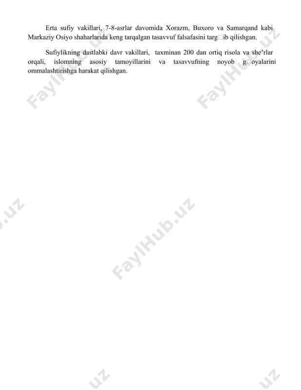 dan ortiq risola va sheʼrlar orqali, islomning asosiy tamoyillarini va tasavvufning noyob gʻoyalarini ommalashtirishga harakat qilishgan. 📌xulosa суфизмнинг пайдо бўлиши, мазмуни ва ривожланиши ислом дини доирасидаги маънавий тараққиётнинг мураккаб ва кўп қиррали жараёни эканлигини кўрсатади. унинг таълимотлари ва амалий йўналишлари бугунги кунгача ўз аҳамиятини йўқотмаган. 📚foydalanilgan adabiyotlar 1. trimingham, j. s. sufizm tarixi. 2. chittick, w. c. islom mistitsizmi. 3. schimmel, a. sufizmning qalb qasrlarida. 4. massignon, l. hasan al-basriy va sufiylik maktablari. 5. corbin, h. sufiylikning ilohiy sehrlari. 6. goldziher, i. islom falsafasi va sufiylik. 7