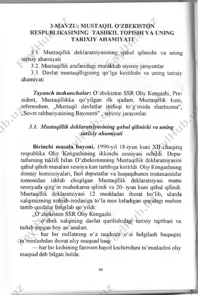 mustaqil o'zbekiston respublikasining tashkil topishi va uning tarixiy ahamiyati — PDF