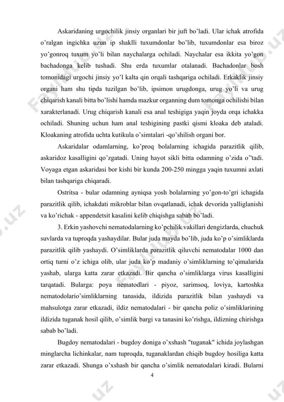 ya, kartoshka nematodolario’simliklarning tanasida, ildizida parazitlik bilan yashaydi va mahsulotga zarar etkazadi, ildiz nematodalari - bir qancha poliz o’simliklarining ildizida tuganak hosil qilib, o’simlik bargi va tanasini ko’rishga, ildizning chirishga sabab bo’ladi. bugdoy nematodalari - bugdoy doniga o’xshash "tuganak" ichida joylashgan minglarcha lichinkalar, nam tuproqda, tuganaklardan chiqib bugdoy hosiliga katta zarar etkazadi. shunga o’xshash bir qancha o’simlik nematodalari kiradi. bularni fitogelmintologiya fani o’rganadi. o’zbekistonda bu soxada prof.a.t.tulaganov rahbarligidagi laboratoriya 500 dan ortiq o’simlikxo’r zararli nematoda turlari aniqlandi va kurash yo’llari ishlab chiqildi. 4. yumaloq chuvalchanglar tipining kelib chiqishi va bu tipga mansub bo’lgan har xil sinflar o’rtasidagi filogenetik munosabatlar to’grisidagi masala hal etilgan deb hisoblash mumkin emas. biroq keyingi vaqtlardagi bir qancha dalillarga asoslanib, nematodlarning kelib chiqishi jihatidan turbellyariyalarga bogliqligi ancha xaqiqatga yaqin deb xisoblasa bo’ladi. yassi va yumaloq chuvalchanglar tiplari o’rtasidagi bu ajralishni qorin kipriklilar nina oralik xolatini egallashi ma'lum darajada to’ldiradi. qilchuvalchang va qilbon chuvalchanglar garchi nematodlarga yaqinligini …
