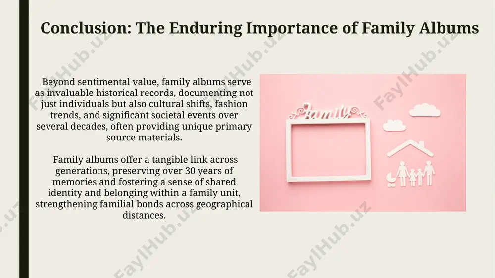engagement and preserving family history. preserving your legacy employ high-resolution scanning (300 dpi or higher) for superior image quality when digitizing photos, ensuring future generations can enjoy crisp and detailed versions of your treasured memories. digitize at least 20% of your photos annually to prevent irreversible damage from aging and environmental factors; cloud storage offers redundancy and safeguards against loss. storytelling through images the composition of a photograph—rule of thirds, focal points, use of negative space—significantly impacts storytelling. a strategically chosen image can convey more emotion than a thousand words, subtly guiding the viewer's interpretation. grouping photos thematically (e.g., childhood adventures, family vacations, holidays) creates mini-narratives within the larger family album, enhancing engagement and allowing for nuanced storytelling beyond simple chronological sequencing. thank you for your attention @taqdimot_robot image1.jpg image2.jpg image3.jpg image4.jpg image5.jpg image6.jpg image7.jpg image8.jpg image9.jpg image10.jpg