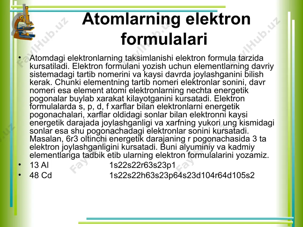 batan kam energiya zapasiga (energetik kulay sharoitga) ega buladi. birok ular energetik pogonada bir-biridan kam fark kiladi. elekron energiyasi kam fark kiladigan pogonachalar orbitallarini konkurent pogonachalar deyiladi (yukoridagi formulada kavs ichida berilgan). xar bir pogona orbitallari bosh va orbital kvant sonlari yigindisining (nq1) ortib borishi tartibida tulib boradi. (v.m.klechkovskiy koidasi). agar bosh va orbital kvant sonlar yigindisi bir xil bulgan turli pogonachalar bulsa, oldin bosh kvant soni kichik bulgan pogonacha, keyin orbital kvant soni katta bulgan pogonacha tuladi. yukorida aytib utilganidek, d.i.mendeleyev davriy sistemasining xar bir davr elementlarining tashki kavati ns2 yoki ns2np6 elektronlar bilan tuladi. kup elektronli atomlarning elektron kavatlari klechkovskiy koidasiga muvofik ravishda tulib boradi. demak, ayrim pogonadagi elektronlarning maksimal soni kuyidagi ifoda bilan aniklanadi: nmak = 2nn = 2n2 bu yerda: nmak -pogonadagi mumkin bulgan elektronlarni maksimal soni, nn-orbitalning umumiy soni, n-bosh kvant soni. shunday kilib, birinchi kvant pogona k -kavatda (nq1) 2 ta, l-kavatda (nq2) 8 …