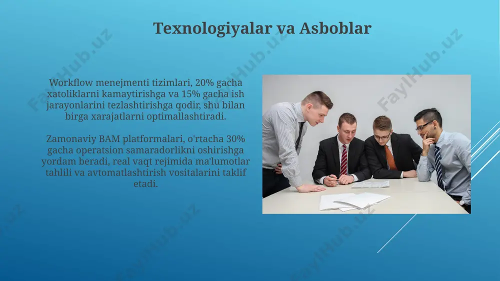 rni rivojlantirishga sarflaydilar, bu esa ish unumdorligining 20% ga oshishiga olib keladi. malakali xodimlarni jalb qilish va ushlab turish uchun, kompaniyalar o'rtacha ish haqining 10-15% gacha bo'lgan qo'shimcha imtiyozlar va rag'batlantirish dasturlarini taklif qilishadi, bu esa xodimlarning saqlanish darajasini 25% ga oshiradi. kelajakdagi tendentsiyalar biznes jarayonlarini raqamlashtirish va avtomatlashtirishga sarmoyalar 2024 yilda 10 milliard dollardan oshishi va shu bilan birga mobil texnologiyalardan foydalanish orqali ish samaradorligini 20% ga oshirishga yordam berishi mumkin. kelajakda biznes faoliyatini boshqarishda sun'iy intellektning qo'llanilishi 30% ga o'sishi va avtomatlashtirish darajasini 15% ga oshirishi kutilmoqda, bu samaradorlikni sezilarli darajada yaxshilaydi. innovatsiyalar va raqobatbardoshlik raqobatbardoshlikni ta'minlash uchun kamida 5% yalpi ichki mahsulotni tadqiqot va innovatsiyalarga sarflash kerak, bu esa yangi texnologiyalar va mahsulotlarni ishlab chiqarishga olib keladi. innovatsiyalarni joriy etish korxonalarning bozor ulushini 15-20% ga oshirishga, raqobatbardoshlik darajasini esa 2 barobarga yaxshilashga yordam beradi. e'tiboringiz uchun rahmat @taqdimot_robot image1.jpg image2.jpg image3.jpg image4.jpg image5.jpg image6.jpg image7.jpg image8.jpg image9.jpg …
