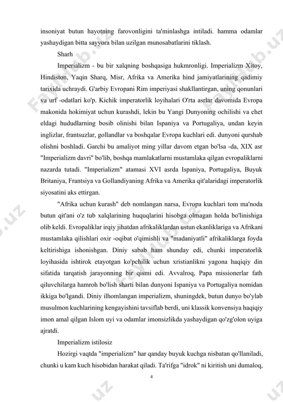 arga hamroh bo'lish sharti bilan dunyoni ispaniya va portugaliya nomidan ikkiga bo'lgandi. diniy ilhomlangan imperializm, shuningdek, butun dunyo bo'ylab musulmon kuchlarining kengayishini tavsiflab berdi, uni klassik konvensiya haqiqiy imon amal qilgan islom uyi va odamlar imonsizlikda yashaydigan qo'zg'olon uyiga ajratdi. imperializm istilosiz hozirgi vaqtda "imperializm" har qanday buyuk kuchga nisbatan qo'llaniladi, chunki u kam kuch hisobidan harakat qiladi. ta'rifga "idrok" ni kiritish uni dumaloq, solipsistik va sub'ektiv qiladi. imperializm mustamlakachilik, hududiy siyosatni tasvirlabgina qolmay, balki iqtisodiy hukmronlik va ta'sirni ham ta'riflaydi. bunga neo-mustamlakachilik ham deyiladi. neo-mustamlakachilik, shuningdek, nodavlat aktyorlarni ham o'z ichiga olishi mumkin. boshqa millatlar va hatto bir necha millatlarning resurslaridan bir necha barobar ko'p bo'lgan ulkan ko'p millatli yoki transmilliy korporatsiyalar butun dunyo bo'ylab o'z manfaatlari uchun harakat qiladilar. xix asrda evropa davlatlari, xususan buyuk britaniya va frantsiya, ba'zida savdo-sotiq shartnomalarini o'rnatgan va, masalan, xitoy, eron va usmonli imperiyasida tijoriy imtiyozlar tuzgan imperiya siyosatini olib borar edilar. hududiy …