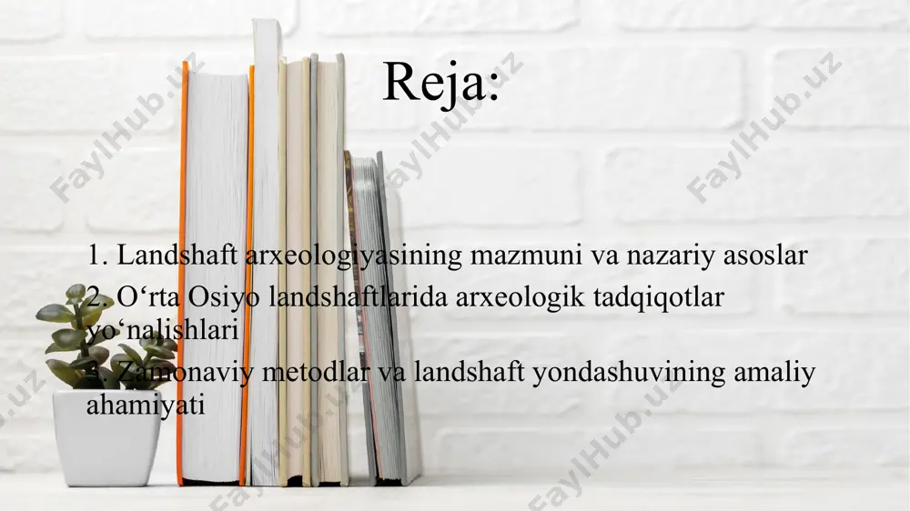 imlari va shahar madaniyatining rivojlanish o‘chog‘i. tadqiqot metodlari a) kartografik tahlil: tarixiy xaritalar bilan zamonaviy gis tizimlarini solishtirish. daryo yo‘nalishlarining o‘zgarishini kuzatish. b) masofaviy zondlash (remote sensing): sun’iy yo‘ldosh tasvirlari orqali yodgorliklar va qadimgi yo‘llarni aniqlash. vegetatsiya indekslari bilan qadimiy dehqonchilik maydonlarini topish. c) pedologik va geomorfologik tahlil: tuproq qatlamlaridagi o‘zgarishlar orqali joylarning tarixiy foydalanilishini o‘rganish. eroziya, iqlim o‘zgarishlari va inson faoliyati o‘rtasidagi aloqani tahlil qilish. d) paleoekologik tadqiqotlar: qadimgi o‘simlik va hayvon qoldiqlari orqali muhit o‘zgarishlarini aniqlash. amaliy misollar a) zarafshon vodiysi: sugʻd davriga oid shaharlar: afrasiyob, panjikent. sugʻorish tizimlari, qadimiy ariq va daryo bo‘yidagi joylashuvlar o‘rganilgan. b) surxondaryo viloyati (teshik-tosh, machay g‘orlari): tog‘li landshaftlarda ibtidoiy odamlarning manzilgohlari aniqlangan. qoya rasmlari, hayvon qoldiqlari – ovchilik va muhit bilan uyg‘un yashash dalillari. c) o‘rta osiyodagi karvon yo‘llari: buyuk ipak yo‘li yo‘nalishidagi karvonsaroy, manzilgohlar, quduqlar va savdo markazlari atrofidagi landshaft tahlili. yangi texnologiyalar roli dronlar: yuqoridan turib yodgorliklarni aniqlash va uch …