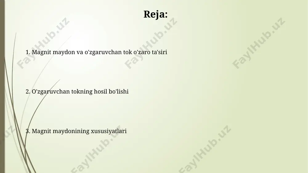 rning zichligi va magnit oqimining zichligi bilan o'lchanadi, tesla (t) birligida ifodalanadi va 1 t = 1 n/(a·m) ga teng. faradey qonuni faradey qonuni magnit maydonining o'zgarishi natijasida yuzaga keladigan induktivlik hodisasini 1831-yilda kashf etgan va bu kashfiyot o'zgaruvchan tok texnologiyasining rivojlanishiga asos soldi. faradey qonuniga ko'ra, magnit maydonining o'zgarishi 1 ga teng bo'lgan o'ramda 1 v kuchlanishni hosil qiladi, bu o'zgarish tezligiga bog'liq. o'zgaruvchan tokning xususiyatlari o'zgaruvchan tokning kuchlanishi va toki vaqt o'tishi bilan sinus to'lqini shaklida o'zgaradi, maksimal va minimal qiymatlarga ega bo'ladi va bu o'zgarish magnit maydonining intensivligini ham ta'sir qiladi. o'zgaruvchan tok transformatorlar yordamida osongina yuqori yoki past kuchlanishlarga aylantirilishi mumkin, bu esa magnit maydonini boshqarish va uni turli texnik qurilmalarda qo'llash imkoniyatini beradi. o'zgaruvchan tokning qo'llanilishi o'zgaruvchan tok 50-60 gts chastotada elektr energiyasini uzoq masofalarga samarali uzatish uchun qo'llaniladi, bu esa energiya yo'qotishlarini kamaytiradi. o'zgaruvchan tok induksion motorlarning, transformatorlarning va boshqa ko'plab elektr jihozlarining ishlashida …