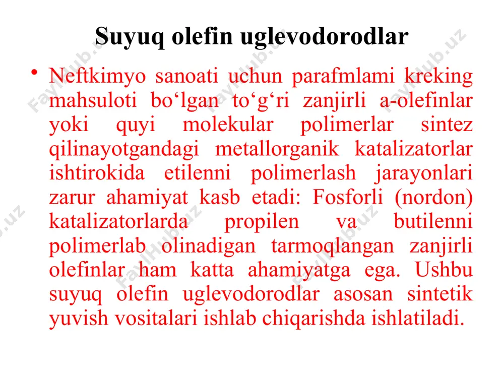 k isteʼmolchisi bu polietilen ishlab chiqarish sanoatidir. yuqori bosimli (kichik zichlikli) polietilenni radikalli polimerlanish usuli bilan 200–270 0c va 100–350 mpa da initsiatorlar (kislorod, organik, peroksidlar) ishtirokida oladilar. oʼrta bosimli polietilenni oksidli katalizatorlar ishtirokida 130–170 0c va 3,5–4,0 mpa da oladilar. past bosimli (yuqori zichlikli) polietilenni ishlab chiqarishda siglerning metalloorganik katalizatorlarini 75–85 0c va 0,2–0,5 mpa bosimda qoʼllaydilar. etilenning koʼpgina qismi etilen oksidini ishlab chiqarish uchun sarflanadi. koʼpgina rivojlangan mamlakatlarda etilenni katalitik oksidlab etilen oksidi olinadi. eng koʼp ishlatiladigan katalizatorkumushli tashuvchi (tashuvchida kumush). etilen oksidining asosiy miqdori (58 %) antifriz, poliefir tolalar va boshqa mahsulotlar olish uchun qoʼllaniladigan etilenglikolning ishlab chiqarishda sarflanadi. etilen oksidi molekulyar massasi katta boʼlgan glikollar, murakkab efirlar, etanolamin va sirt–faol moddalarni ishlab chiqarishda dastlabki material boʼlib hisoblanadi. etilenni gidratatsiyalab butadien ishlab chiqarish uchun qoʼllaniladigan etil spirti olinadi. аmmo bu usul butan va butilenlardan butadien hosil qilish usuliga qaraganda tejamliligi kamdir. etil spirtining kelajakdagi ishlatilish yoʼnalishi boʼlib …