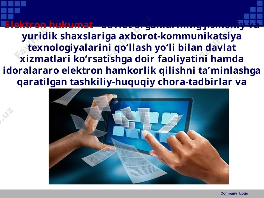 at: davlat organlari faoliyatining samaradorligini ta’minlash, ularning mas’uliyatini va ijro intizomini kuchaytirish, aholi va tadbirkorlik subyektlari bilan axborot almashishni ta’minlashning qo'shimcha mexanizmlarini yaratish; ariza beruvchilar uchun mamlakatning butun hududida davlat organ- lari bilan o'zaro munosabatlarni elektron hukumat doirasida amalga oshirish bo‘yicha imkoniyatlar yaratish; o‘z zimmasiga yuklatilgan vazifalar doirasida davlat organlarining ma’lumotlar bazalarini, yagona interaktiv davlat xizmatlari portalini va elektron davlat xizmatlarining yagona reestrini shakllantirish; aholi va tadbirkorlik subyektlari bilan o‘zaro munosabatlarni amalga oshirishda elektron hujjat aylanishi, davlat organlarining o‘zaro hamkorligi va ularning ma’lumotlar bazalari o‘rtasida axborot almashinuvi mexanizmlarini shakllantirish hisobiga davlat boshqaruvi tizimida “yagona darcha” tamoyilini joriy etish; company logo elektron hukumat 4 ta yo‘nalishda faoliyat olib boradi. company logo g2g (govemment to govemment) - davlat-davlatga. bu tizimda davlat boshqaruvi apparati ichki tuzilmalari, markaziy va mahalliy hokimiyatlar, turli davlat idoralari, tashkilot va muassasalari orasidagi o‘zaro munosabatlarda elektron hukumat tizimini joriy etilishishi, elektron hujjat aylanishi, davlat organlari faoliyatining shaffofligini ta’minlashni doimiy …