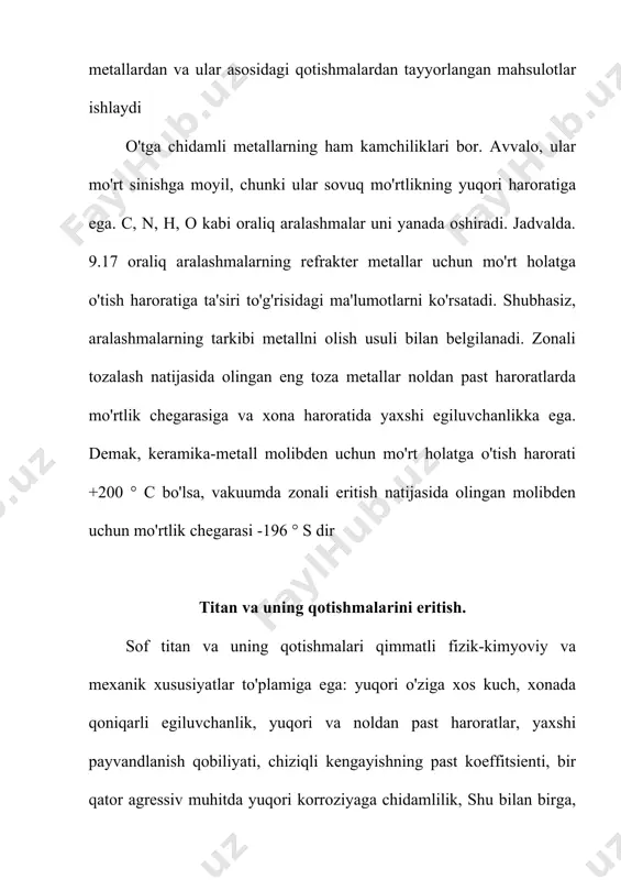 qo'llaniladi. erishdan oldin grafit tigellar 1800 ° s da pishiriladi. ushbu davolash eritmaning kislorod bilan ifloslanish ehtimolini kamaytiradi. grafit tigel 10 dan 30 gacha eritmalarga bardosh beradi. oksidlanishni bartaraf etish uchun eritish 5 • 10ˉ2-5 • 10ˉ3 mm hg vakuumda amalga oshiriladi. art. dastlabki zaryadlash materiallari sifatida 50% yoki undan ko'p zichlikdagi briketlarga presslangan shimgichli tsirkonyum ishlatiladi. qotishma komponentlari eritish jarayonida eritma ichiga kiritiladi yoki briketlarni bosishdan oldin shimgichli zirkonyum bilan aralashtiriladi. induksion pechlarda eritish tarkibi bir hil bo'lgan qotishmalarni ishlab chiqarishni ta'minlaydi. qotishma ko'pincha grafitdan yasalgan isitiladigan qolipga quyiladi.sanoat sharoitida tsirkoniy va uning qotishmalaridan quyma ishlab chiqarish neytral atmosferada yoki vakuumda 2 • 10ˉ2 mm hg qoldiq bosimi bilan boshq pechlarida amalga oshiriladi. art. neytral atmosfera sifatida 1: 4 nisbatda argon va geliy aralashmasi ishlatiladi. inert atmosferada erish barqaror kamonni ta'minlaydi. pech bo'shlig'ini argon va geliy aralashmasi bilan to'ldirishdan oldin 1,5 • 10ˉ1 mm hg bosimgacha 2-3 marta pompalanadi. …