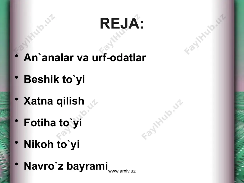 iy hayotga oid bo`lib, bolaning tug`ilishi va tarbiyasi (beshik to`yi, xatna qilish), nikoh (fotiha to`yi, to`y) bilan bog`liq bo`ladi. ko`pincha ular islom urf-odatlarining sehrgarlik amaliyoti bilan bog`liq bo`lgan undan ham qadimiyroq shakllarga uzviy kirib ketishini namoyon etadi. islom qabul qilinganidan beri ko`pgina oilaviy-maishiy urf-odatlar uning ta`sirida o`zgargan, o`zbeklarning hayotiga musulmon diiy marosimlari kirib kelgan. juma kuni bayram kuni hisoblanadi va shu kuni barcha yig`iladigan masjidda umumiy namoz (duo) o`qiladi. patriarxal urf-odatlar masjid, choyxonalar, bozorda o`tadigan hamda faqat erkaklar ishtirok etadigan ijtimoiy hayotda hozirgacha ham yashamoqda. www.arxiv.uz www.arxiv.uz beshik to`yi – chaqaloqni birinchi marta beshikka solish bilan bog`liq bo`lib, nishonlanadigan marosimli bayramdir. bu eng qakdimgi va o`zbekistronda eng keng tarqalgan marosimlardan biri. odatda bu to`y chaqaloq tug`ilishining 7-, 9-, 11- kuni o`tkaziladi. turli viloyatlarda marosim o`zicha xususiyatlarga ega bo`ladi va oilaning boyligi darajasiga bog`liq bo`ladi: o`ziga to`q oilalar odatda bu to`yni katta ko`lamda o`tkazadi, kambag`al oilalar esa uni kamtarona nishonlaydilar. beshik …