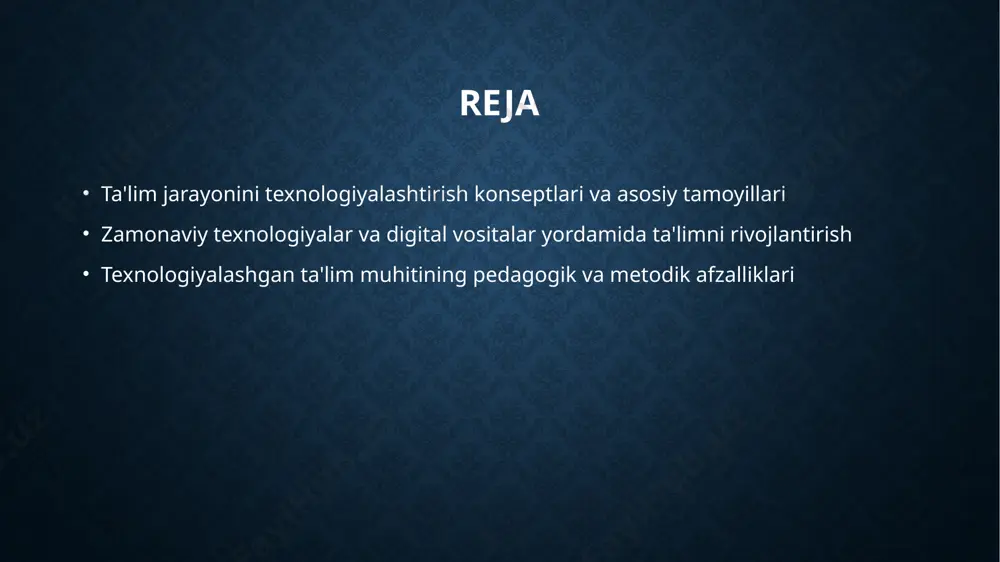 rni pedagogik jarayonga kiritish orqali ta'lim sifatini oshirish, individual yondashuvni rivojlantirish va o‘quv jarayonini interaktiv qilish mumkin. 3 kreativlik va mustaqillik innovatsion pedagogik tamoyillar o‘quvchilarda kreativlik, mustaqil fikrlash va muammolarni hal qilish qobiliyatlarini rivojlantirishga yordam beradi. 4 o‘qituvchilarning roli yangi pedagogik tamoyillar va texnologiyalar bilan ishlashda o‘qituvchilar professional kompetensiyalarini oshirish, ularning innovatsion yondashuvlarga tayyorligini ta'minlaydi. ta'limni texnologik rivojlantirish uchun strategik yondashuvlar 1 innovatsion yondashuvlar - ta'limni texnologik rivojlantirish uchun innovatsion va ilg'or pedagogik yondashuvlarni joriy etish muhim. bu, shuningdek, yangi texnologiyalarni qo‘llashda kadrlar malakasini oshirishni talab qiladi. 2 strategik rejalashtirish - yaxshi ishlab chiqilgan strategik reja ta'lim tizimining texnologik rivojlanishini boshqaradi. bu, resurslarni samarali taqsimlash va uzoq muddatli maqsadlarni belgilashda yordam beradi. 3 hamkorlik va innovatsiya - o'qituvchilar, talabalar va texnologik kompaniyalar o'rtasida hamkorlikni rivojlantirish muhim. bu, yangi texnologiyalarni tez va samarali joriy qilish imkonini oshiradi. ta'limda texnologik integratsiya: asosiy tamoyillar va metodlar 01 integratsiya prinsiplari ta'limda texnologik integratsiya uchun …