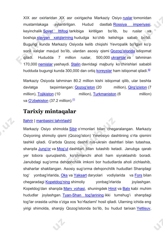 a, yevropa tomonga harakatni davom ettirishgan. qizilqum choʻli amudaryo va sirdaryo oraligʻida joylashgan va qoraqum amudaryo hamda turkmanistondagi kopetdogʻ orasida joylashgan. xuroson tahminan shimoli-sharqiy eronni va afgʻoniston shimoliy hududlarini anglatgan. margʻiyona esa marv shahri atroflarini anglatgan. ustyurt platosi esa orol orol va kaspiy dengizlari oraligʻidagi hududdir. janubi-gʻarbda, kopetdogʻdan narida fors davlati joylashgan. aynan shu hudud orqali fors davlati va arab xalifaligi markaziy osiyoga suqilib kirgan va rossiya imperiyasi bosqiniga qadar mahalliy aholining madaniyatiga oʻz taʼsirini oʻtkazgan. janubi-sharqda hindiston tomon yoʻl mavjud. qadimda buddizm shu yoʻl orqali shimolga tarqalgan va tarixda juda koʻp marotaba markaziy osiyolik jangovar qabilalar va podsholar shu yoʻldan oʻtib, shimoliy hindistonni istilo qilishgan va u yerda oʻz hokimiyatlarini oʻrnatishgan. koʻchmanchi bosqinchilarning koʻpchiligi shimoli-sharqdan kirib kelgan. 1800-yillardan keyin rossiya imperiyasi va keyinchalik sovet ittifoqi shaklida hududga shimoli-gʻarbdan g'arb sivilizatsiyasi kirib keldi. qozog‘iston aholisi 20 million nafarga yetdi. bu haqda 2023 yil 16 noyabr kuni mamlakat prezidenti qosim-jo‘mart to‘qayev …