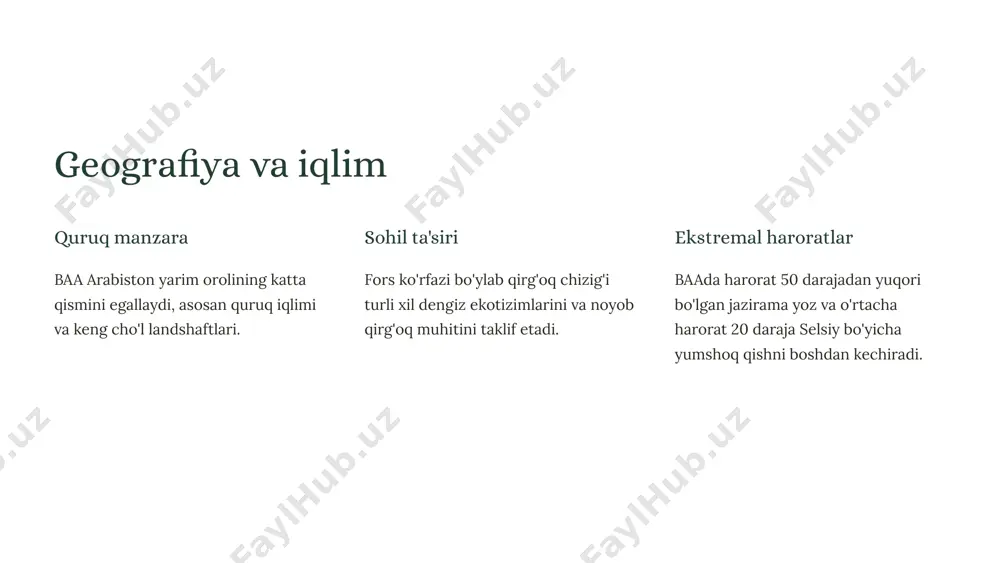 arni ilgari surish uchun tadqiqot va ishlanmalarga sarmoya kiritishga e'tibor qaratadi. 8 baadagi imkoniyatlar va investitsiyalar biznesning o'sishi baa soliq imtiyozlari, erkin zonalar va soddalashtirilgan me'yoriy-huquqiy baza bilan qulay biznes muhitini ta'minlaydi. investitsion imkoniyatlar baa turli sohalarda, jumladan, ko'chmas mulk, texnologiya, turizm va infratuzilmada bir qator investitsiya imkoniyatlarini taklif etadi. infratuzilmani rivojlantirish baa jahon darajasidagi infratuzilmani rivojlantirishga, qurilish va injiniring kompaniyalari uchun imkoniyatlar yaratishga sarmoya kiritishda davom etmoqda. innovatsiya va texnologiya baa startaplar, tadqiqotchilar va texnologiya kompaniyalari uchun imkoniyatlar yaratib, innovatsiyalar va texnologiyalarni faol ravishda ilgari surmoqda. 9 e'tiboringiz uchun rahmat! image2.png image3.png image4.png image5.png image6.png image7.png image8.png image9.png image10.png image11.png image12.png image13.png image14.png image15.png image16.png image17.png