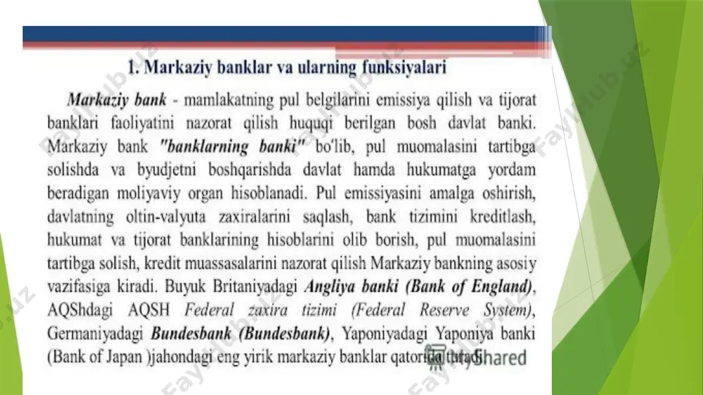ikamaytirish,kreditdanfoydalanishning samaradorligini yanada oshirish va iqtisodiyotni barqaror o`sishini ta’minlashdan iborat markaziy bank - mamlakatning pul belgilarini emissiya qilish (pul bosib chiqarish) va tijorat banklari faoliyatini nazorat qilish huquqi berilgan bosh davlat banki. markaziy bank "banklarning banki" boʻlib, pul muomalasini tartibga solishda va byudjetni boshqarishda davlatga va hukumatga yordam beradigan organ hisoblanadi. pul emissiyasini amalga oshirish, davlatning oltin-valyuta zaxiralarini saqlash, bank tizimini kreditlash, hukumat va tijorat banklarining hisoblarini olib borish, pul muomalasini tartibga solish, kredit muassasalarini nazorat qilish markaziy bankning asosiy vazifasiga kiradi. buyuk britaniyada angliya banki, aqsh federal zaxira banki, germaniyada bundesbank, yaponiya banki jahondagi eng yirik markaziy banklar qatorida turadi.[1] manbalar oʻzbekiston respublikasi markaziy banki — oʻzbekiston respublikasining markaziy banki[1]. oʻzbekiston respublikasining 1991-yil 15-fevralda qabul qilingan „banklar va bank faoliyati toʻgʻrisida“ qonuniga muvofiq, mamlakatning davlat banki sifatida tashkil etilib, 1992-yil 2-iyulda oʻzbekiston respublikasining markaziy bankiga aylantirildi. markaziy bankning faoliyati asoslari „oʻzbekiston respublikasining markaziy banki toʻgʻrisida“gi qonunida (1995-yil 21-dekabr) belgilab …